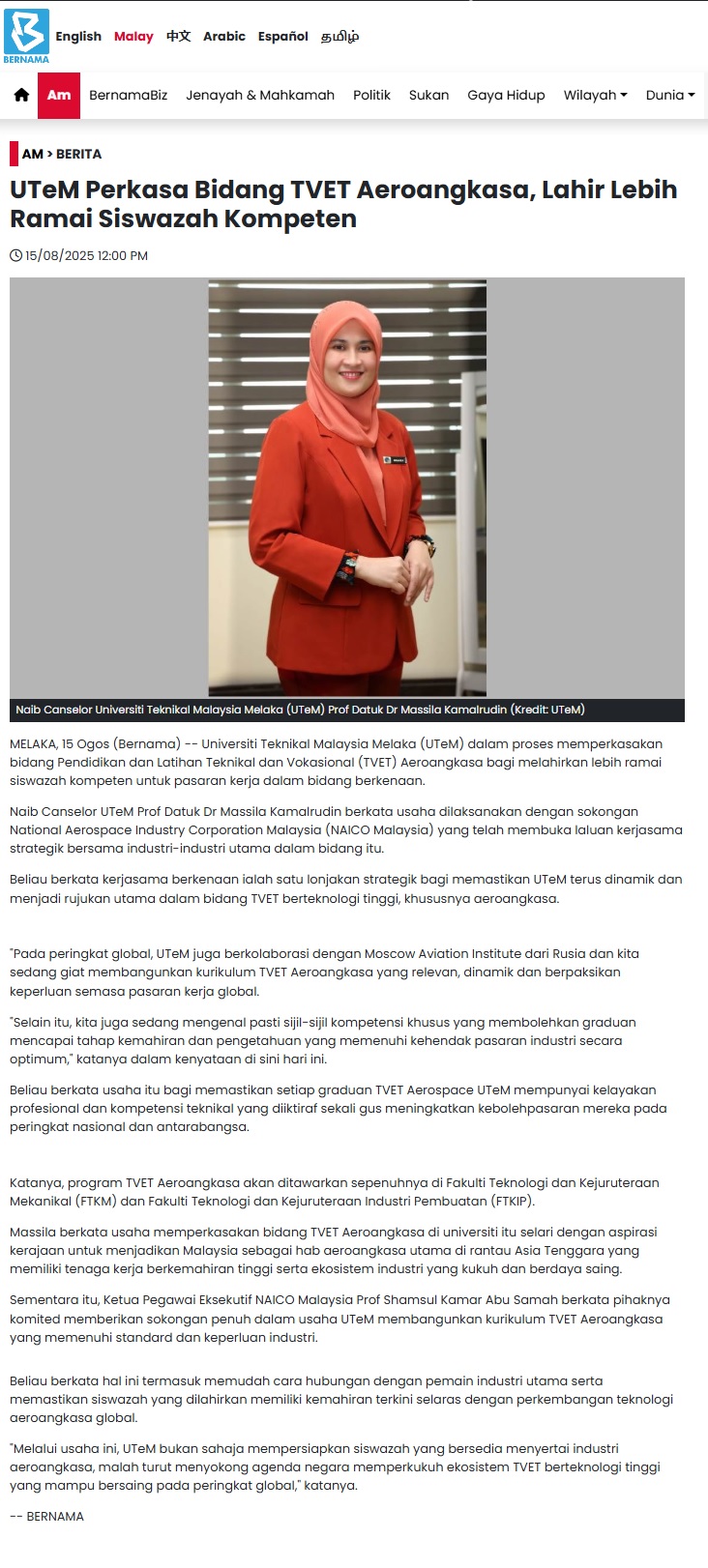 395 BERNAMA - UTeM Perkasa Bidang TVET Aeroangkasa, Lahir Lebih Ramai Siswazah Kompeten