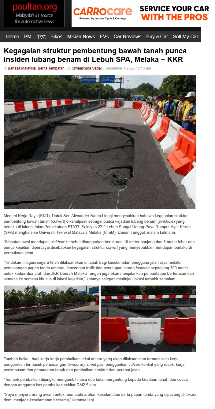 682 Kegagalan struktur pembentung bawah tanah punca insiden lubang benam di Lebuh SPA, Melaka - KKR - paultan.org