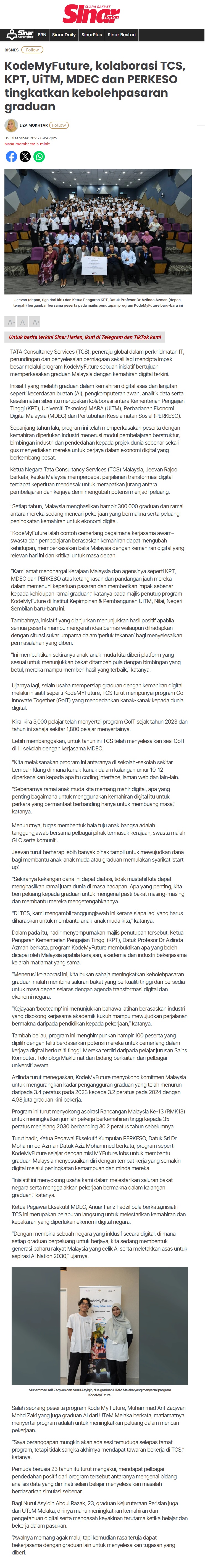 690 KodeMyFuture, kolaborasi TCS, KPT, UiTM, MDEC dan PERKESO tingkatkan kebolehpasaran graduan - Sinar Harian