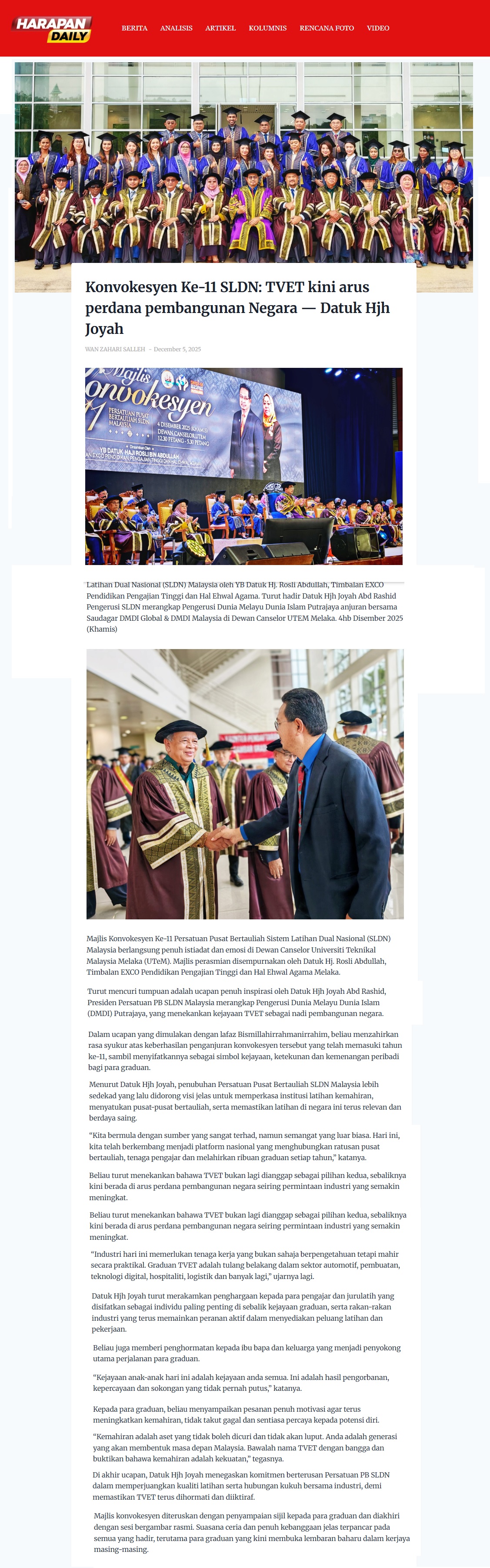 691 Konvokesyen Ke-11 SLDN_ TVET kini arus perdana pembangunan Negara Datuk Hjh Joyah - Harapan Daily
