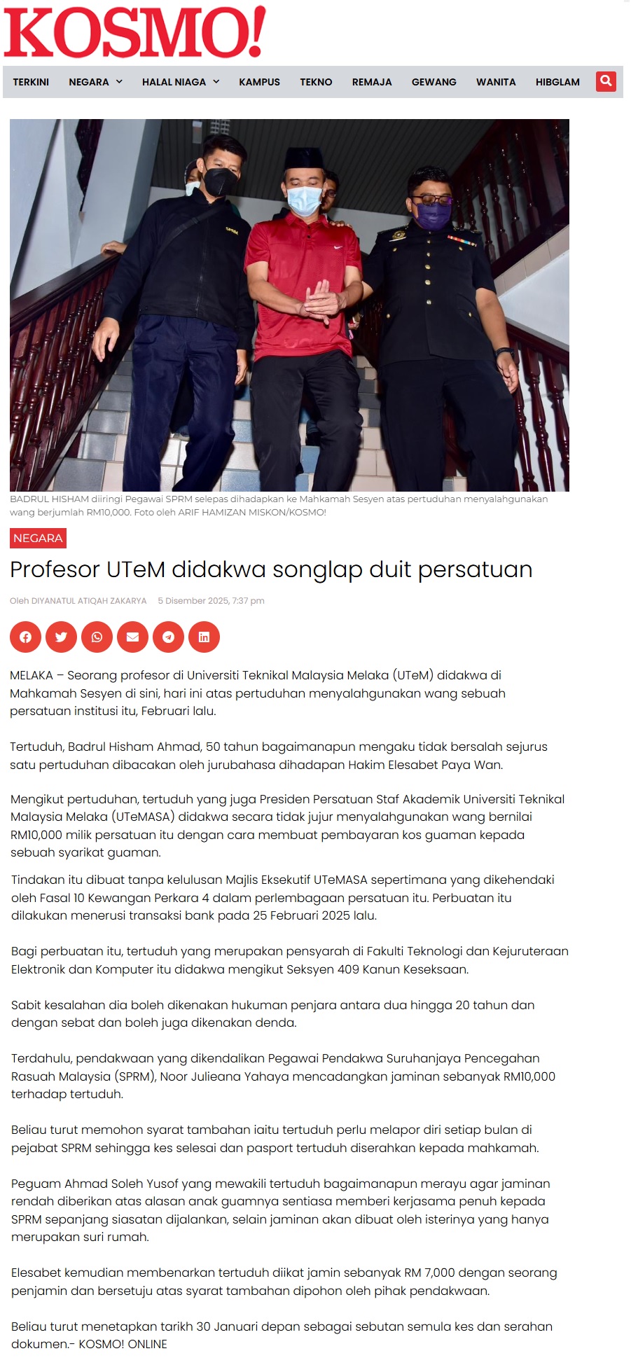 692 Profesor UTeM didakwa songlap duit persatuan - Kosmo Digital