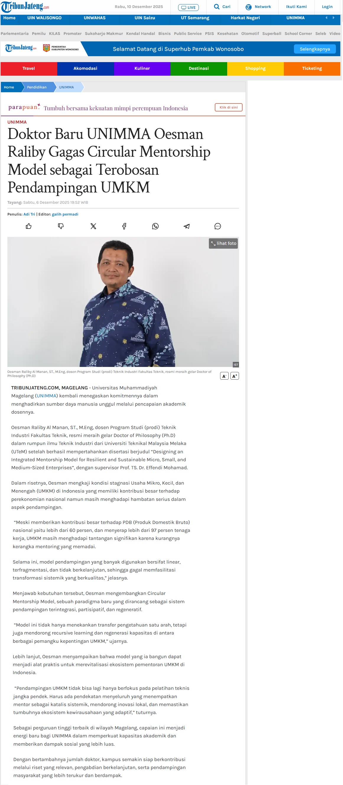 696 Doktor Baru UNIMMA Oesman Raliby Gagas Circular Mentorship Model sebagai Terobosan Pendampingan UMKM - Tribunjatengcom
