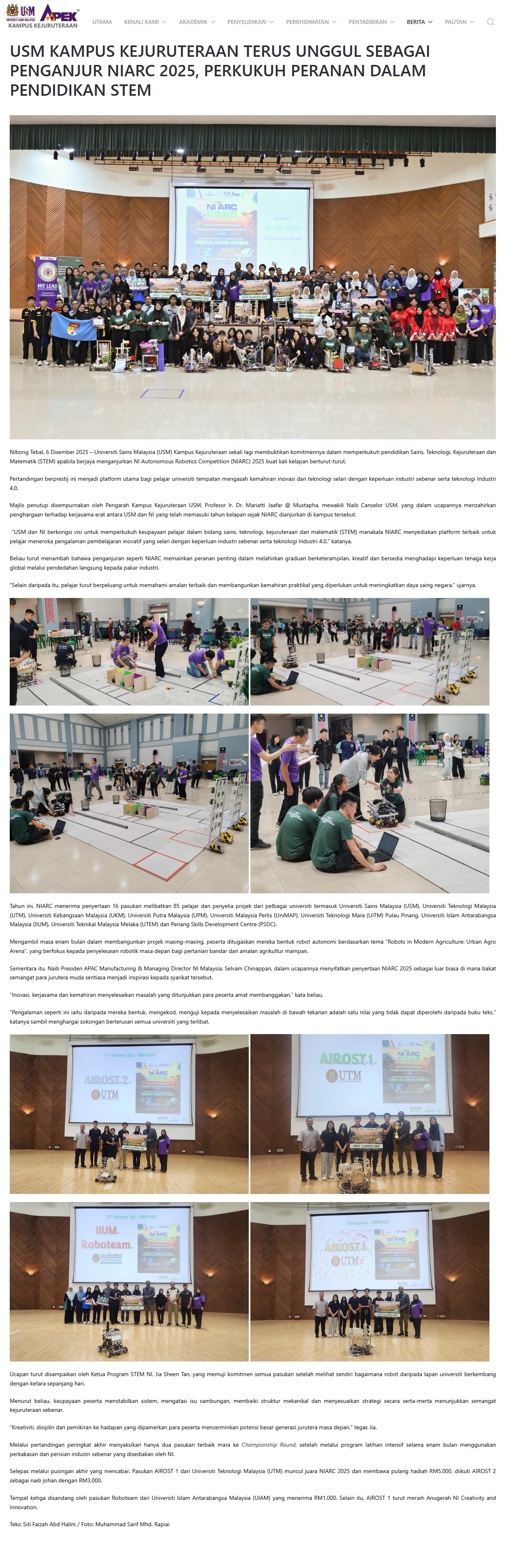 698 USM KAMPUS KEJURUTERAAN TERUS UNGGUL SEBAGAI PENGANJUR NIARC 2025, PERKUKUH PERANAN DALAM PENDIDIKAN STEM
