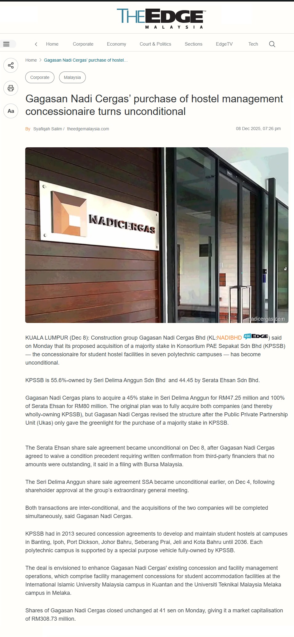 701 Gagasan Nadi Cergas’ purchase of hostel management concessionaire turns unconditional