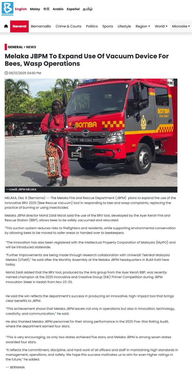 704 BERNAMA - Melaka JBPM To Expand Use Of Vacuum Device For Bees, Wasp Operations