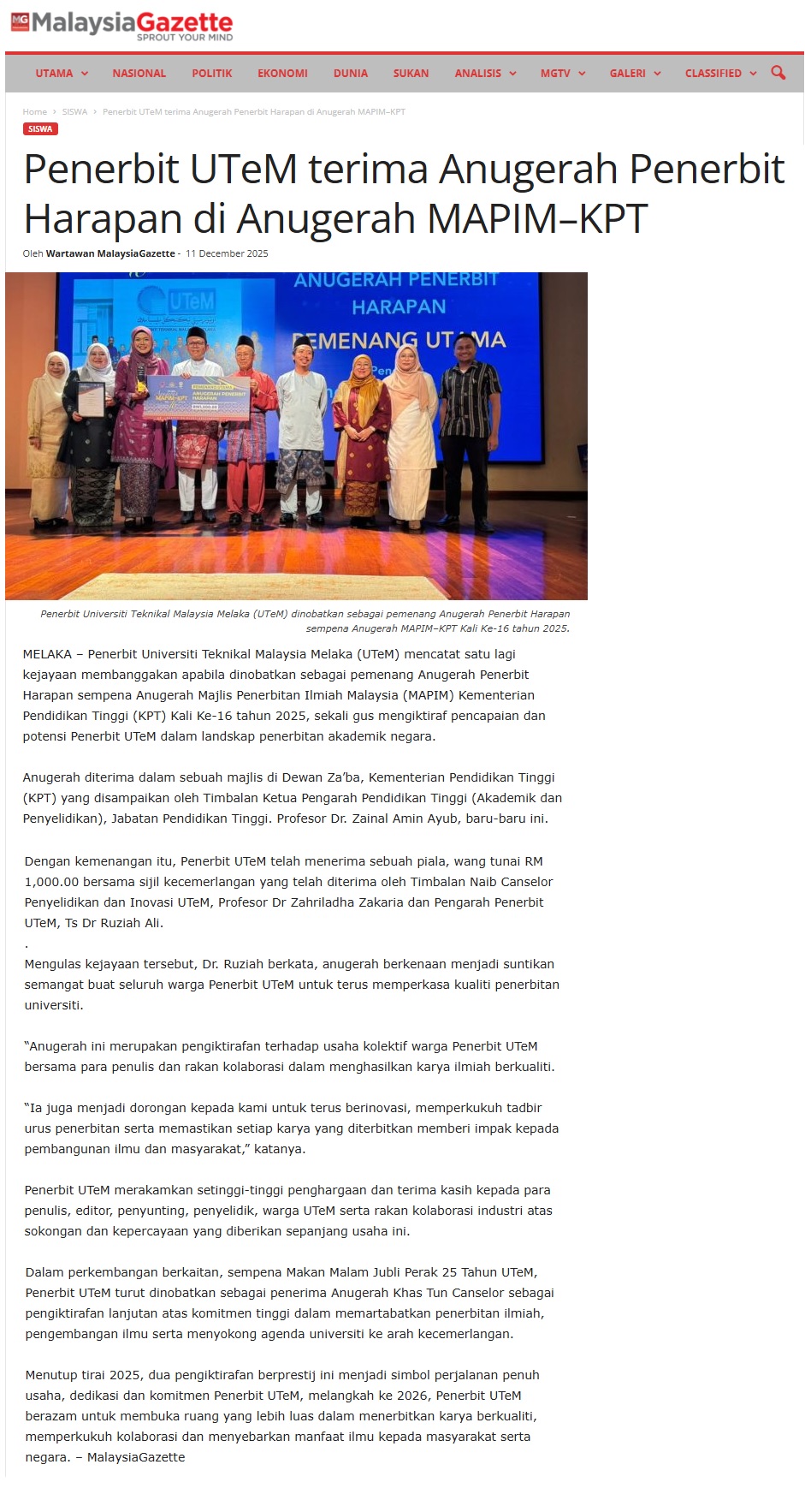 712 Penerbit UTeM terima Anugerah Penerbit Harapan di Anugerah MAPIM–KPT