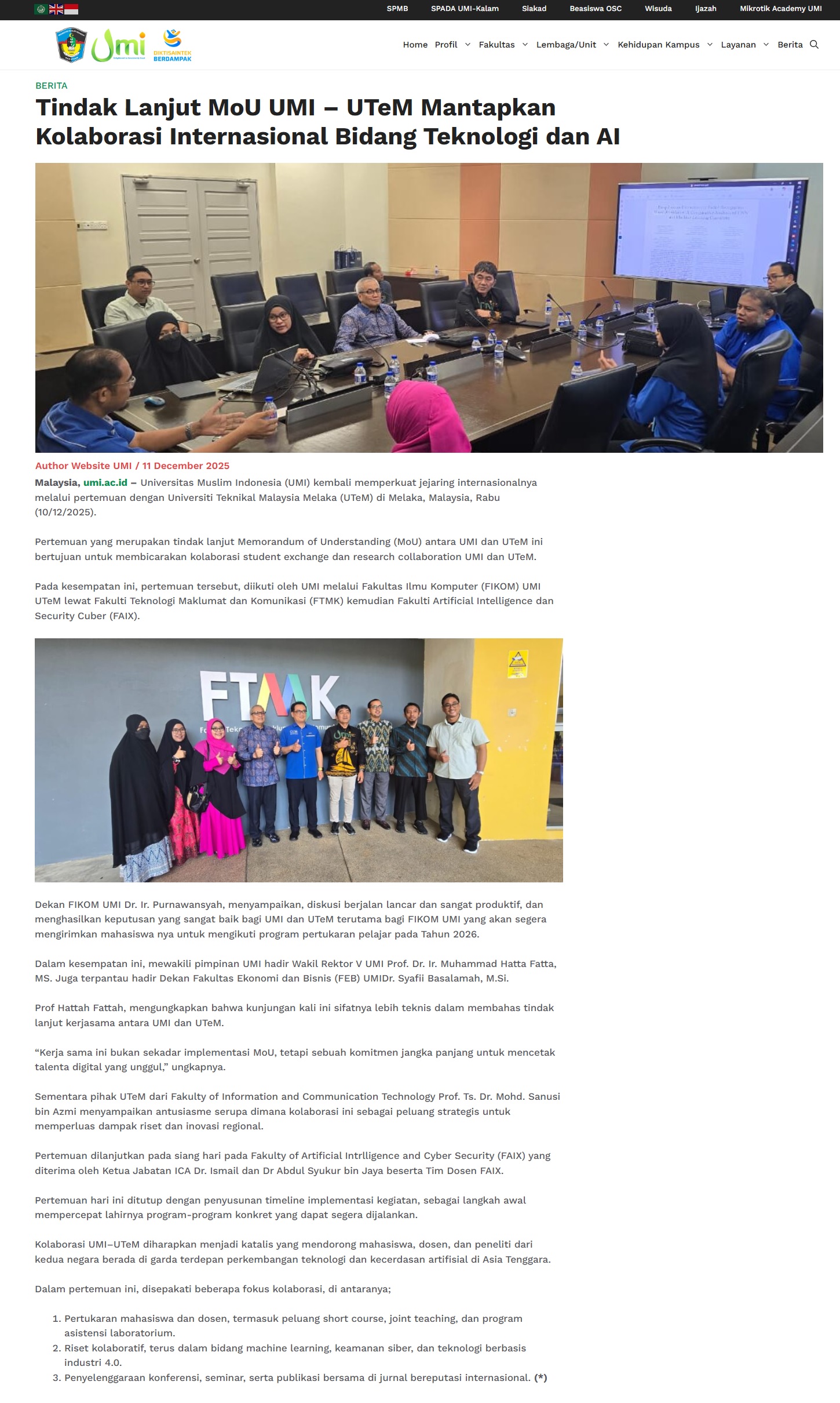 713 Tindak Lanjut MoU UMI – UTeM Mantapkan Kolaborasi Internasional Bidang Teknologi dan AI