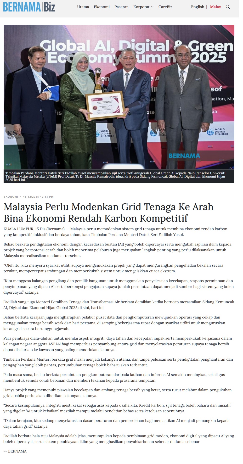 720 BernamaBiz - Malaysia Perlu Modenkan Grid Tenaga Ke Arah Bina Ekonomi Rendah Karbon Kompetitif