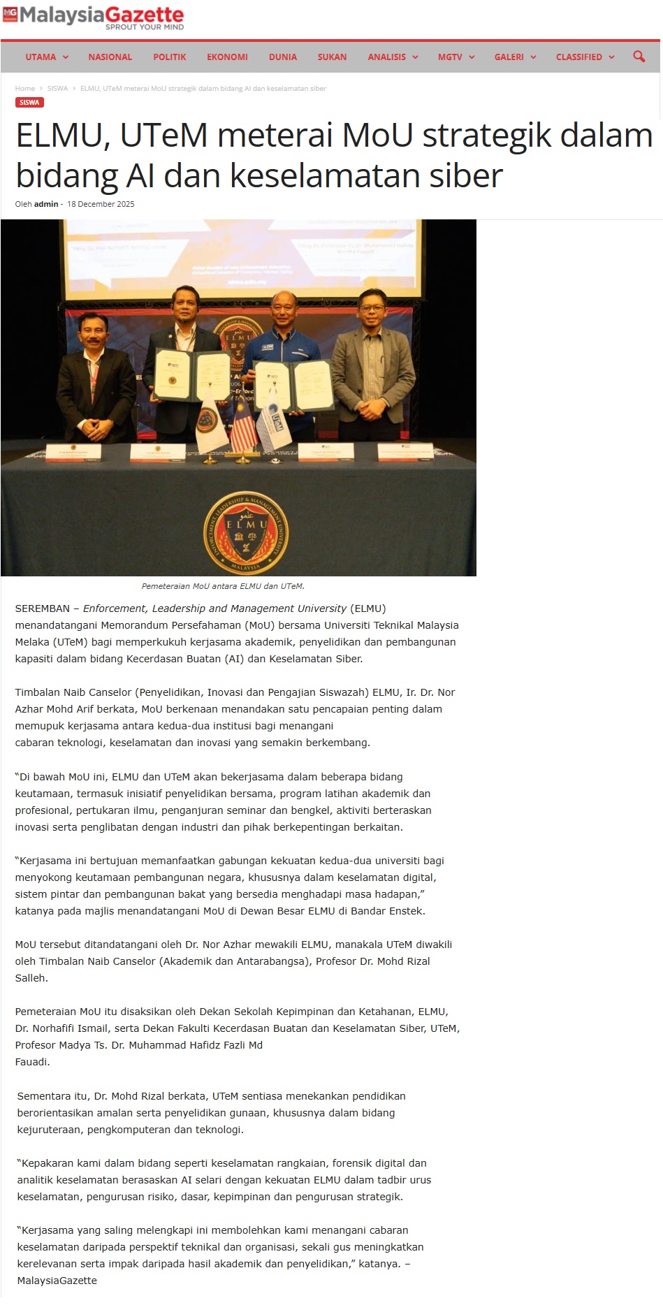 725 ELMU, UTeM meterai MoU strategik dalam bidang AI dan keselamatan siber