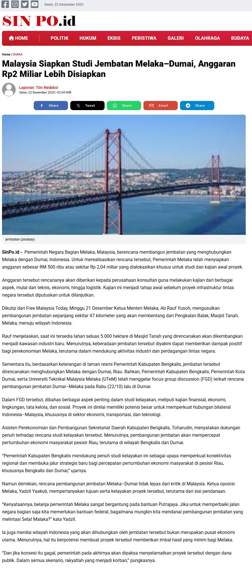 729 Malaysia Siapkan Studi Jembatan Melaka–Dumai, Anggaran Rp2 Miliar Lebih Disiapkan