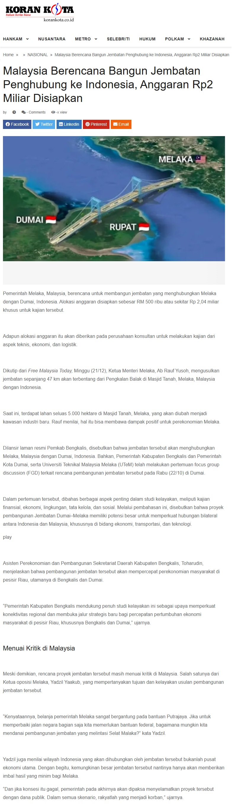 731 KoranKota - Malaysia Berencana Bangun Jembatan Penghubung ke Indonesia, Anggaran Rp2 Miliar Disiapkan