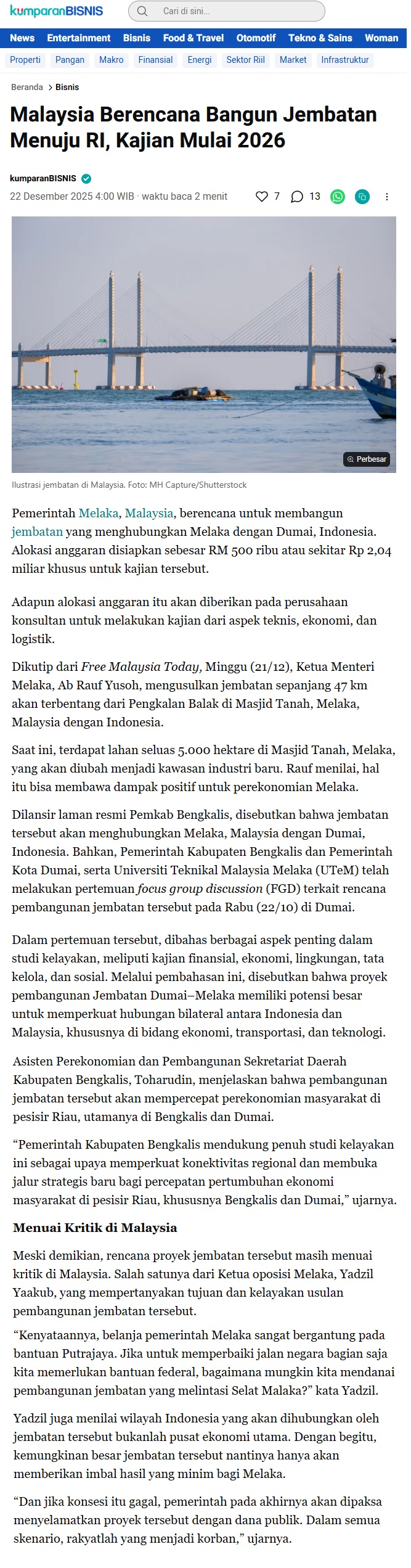 733 Malaysia Berencana Bangun Jembatan Menuju RI, Kajian Mulai 2026 _ kumparancom
