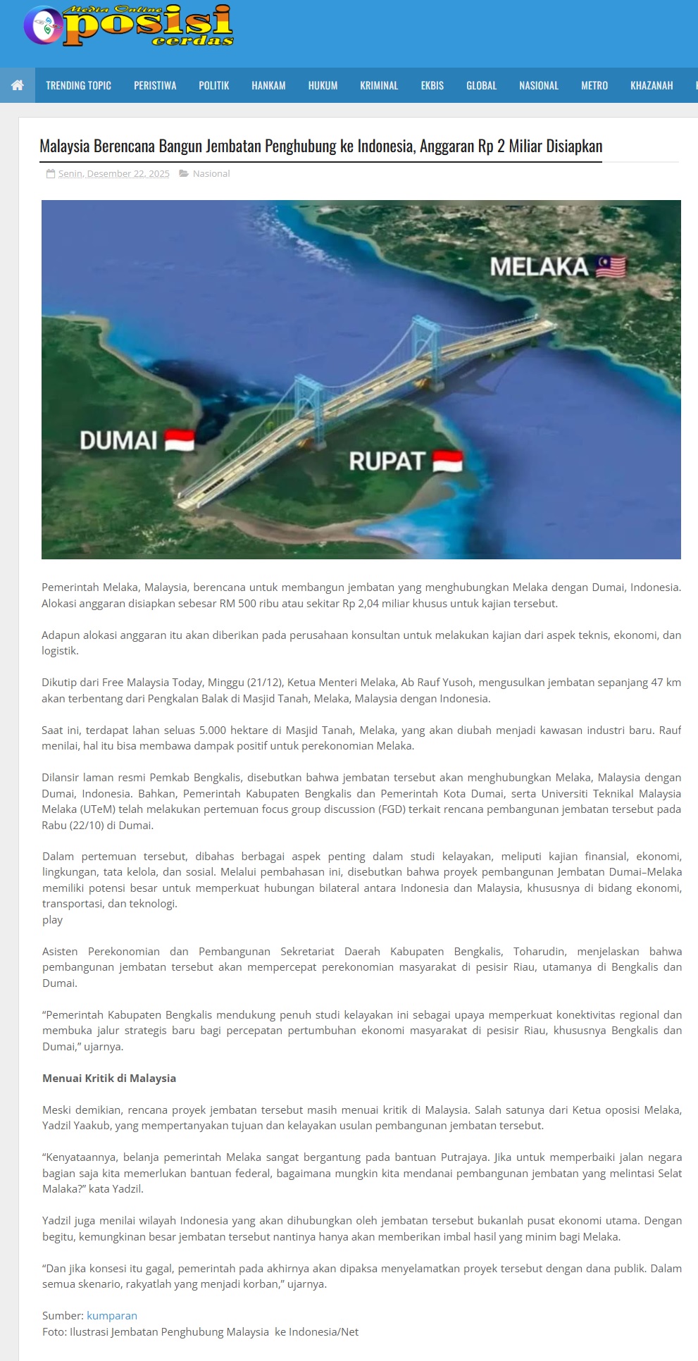 734 Malaysia Berencana Bangun Jembatan Penghubung ke Indonesia, Anggaran Rp 2 Miliar Disiapkan - Oposisi Cerdas