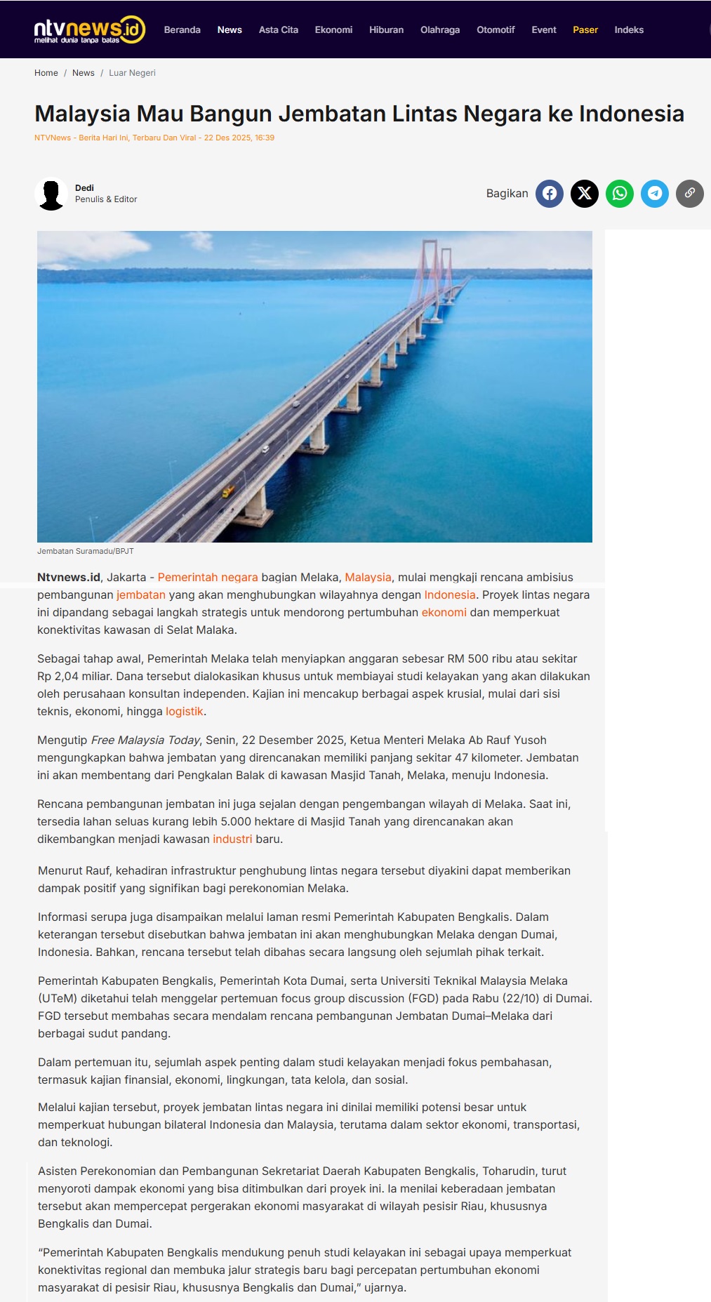 735 Malaysia Mau Bangun Jembatan Lintas Negara ke Indonesia - Ntvnews