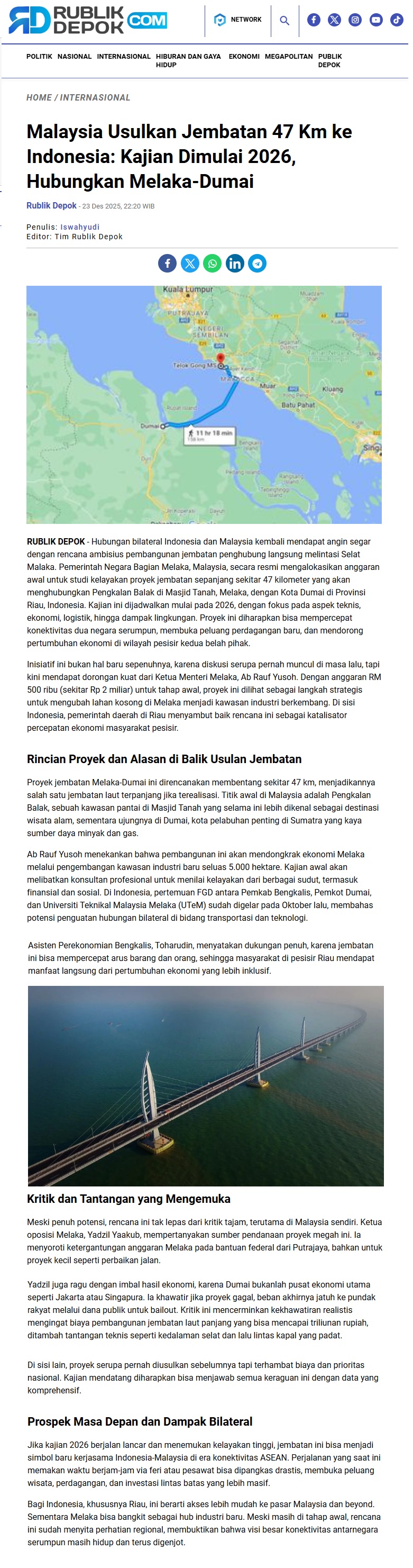 743 Malaysia Usulkan Jembatan 47 Km ke Indonesia_ Kajian Dimulai 2026, Hubungkan Melaka-Dumai - Rublik Depok