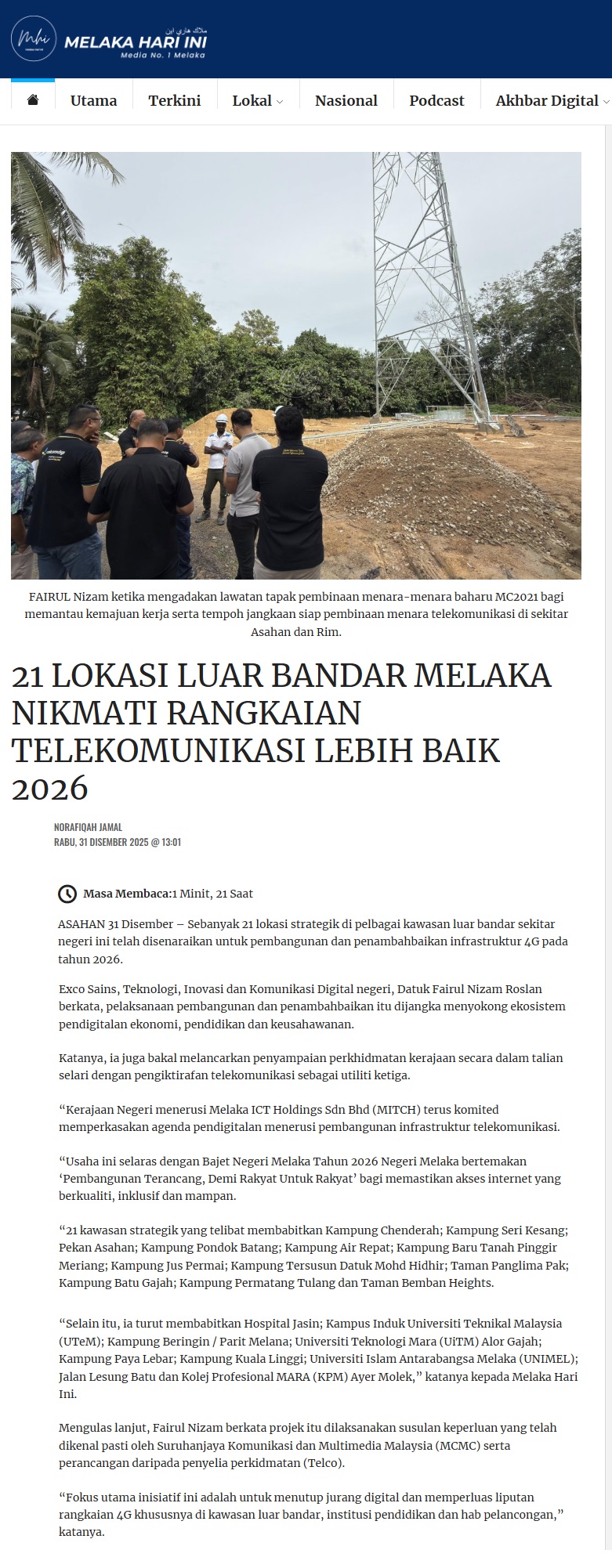 752 21 LOKASI LUAR BANDAR MELAKA NIKMATI RANGKAIAN TELEKOMUNIKASI LEBIH BAIK 2026