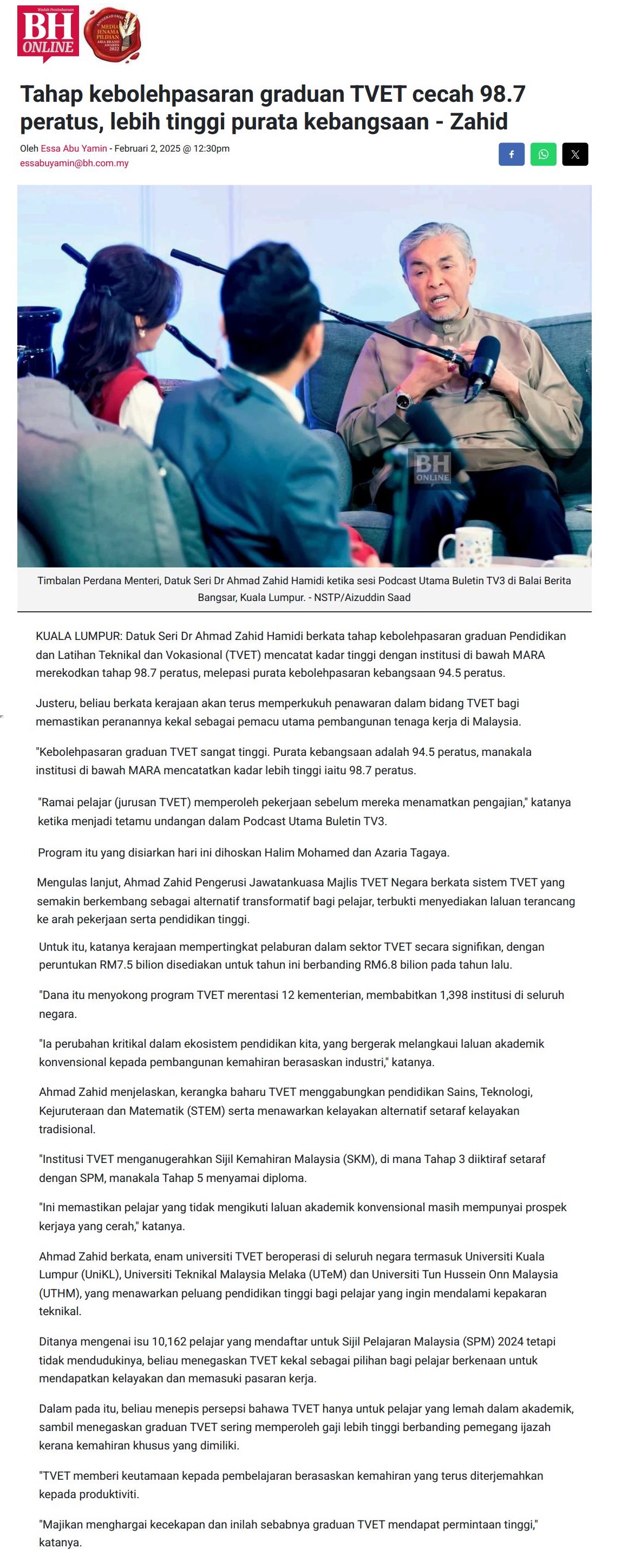 51 Tahap kebolehpasaran graduan TVET cecah 98.7 peratus, lebih tinggi purata kebangsaan - Zahid 