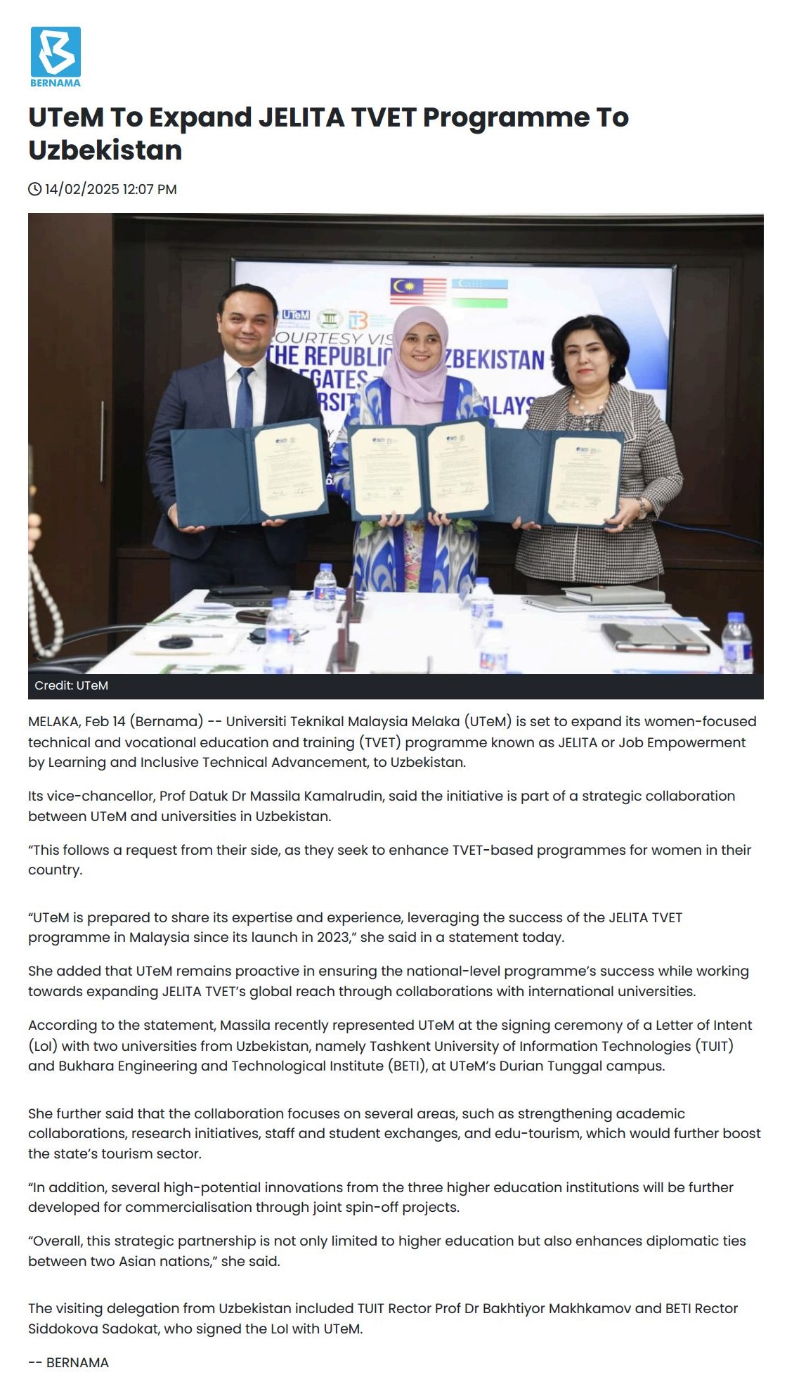 62 UTeM To Expand JELITA TVET Programme To Uzbekistan 