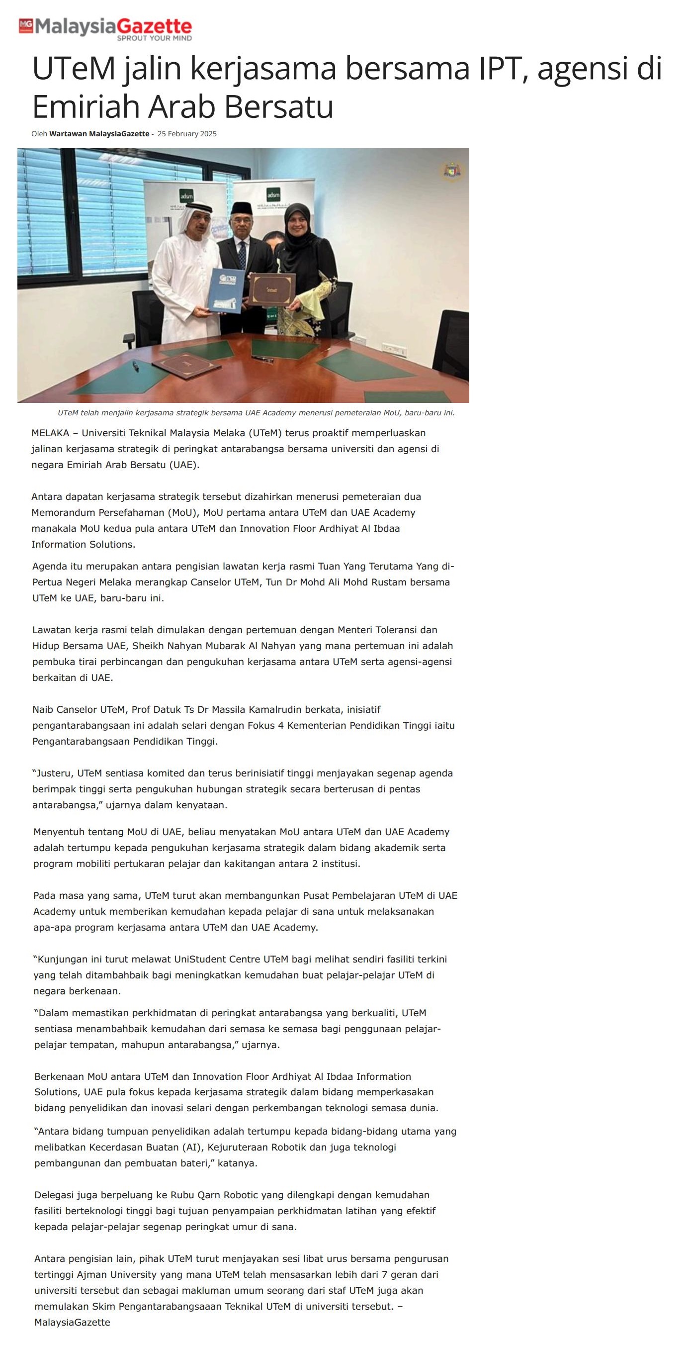 74 UTeM jalin kerjasama bersama IPT, agensi di Emiriah Arab Bersatu 