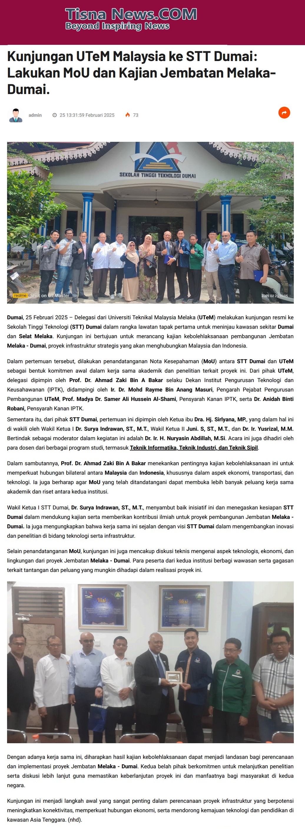 75 Kunjungan UTeM Malaysia ke STT Dumai: Lakukan MoU dan Kajian Jembatan Melaka-Dumai 