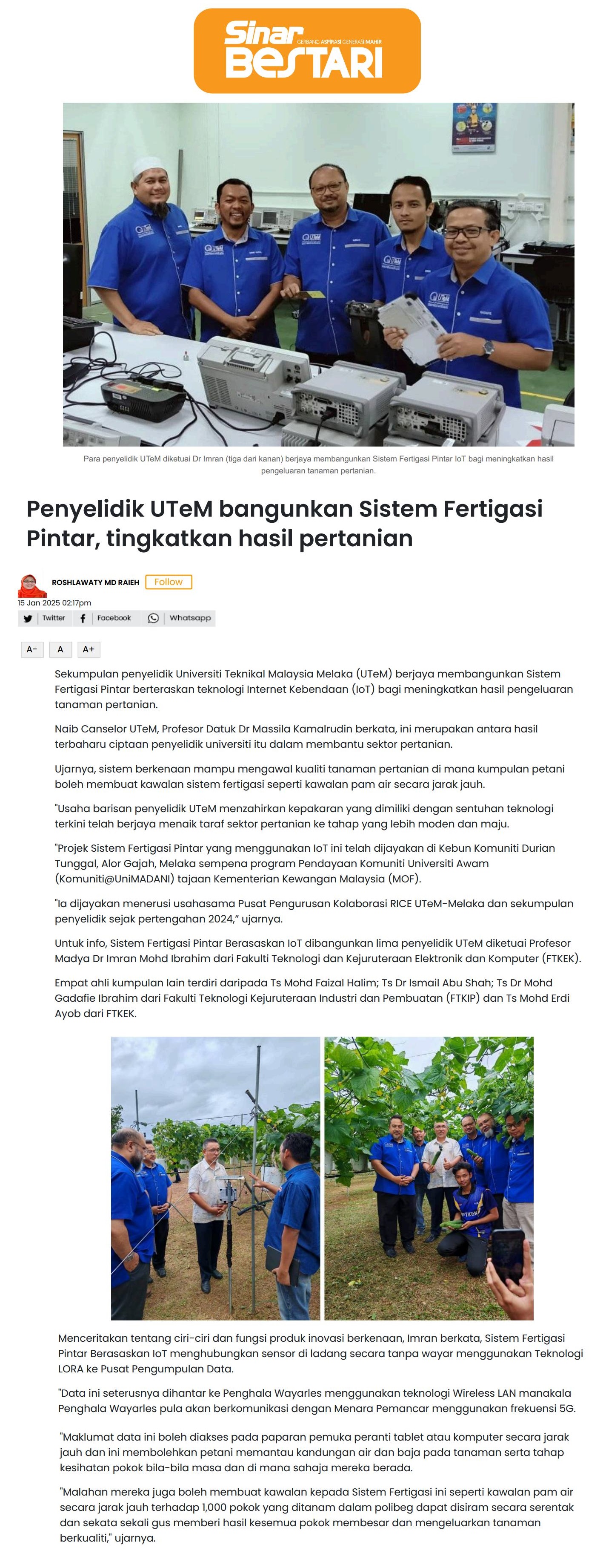 28 Penyelidik UTeM bangunkan Sistem Fertigasi Pintar, tingkatkan hasil pertanian 