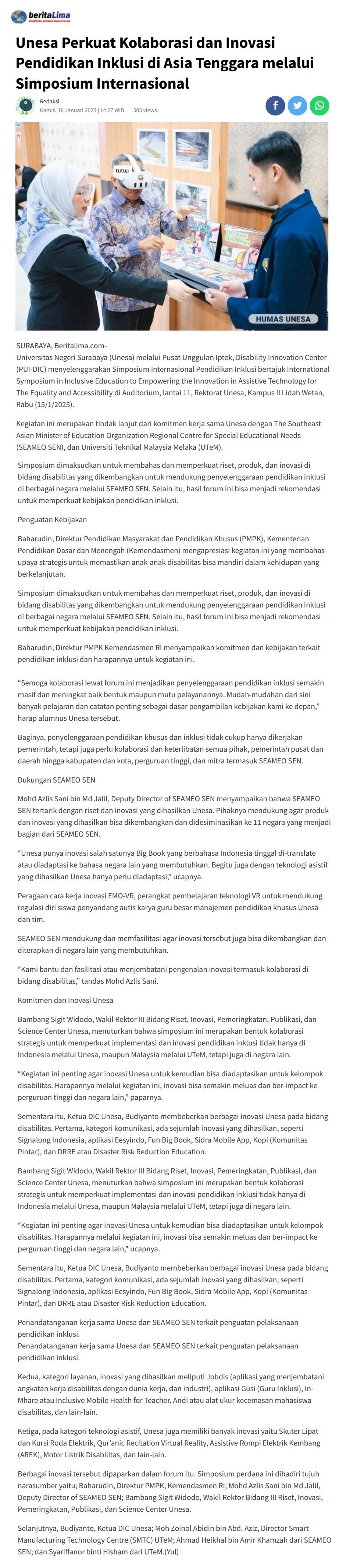 37 Unesa Perkuat Kolaborasi dan Inovasi Pendidikan Inklusi di Asia Tenggara melalui Simposium Internasional 