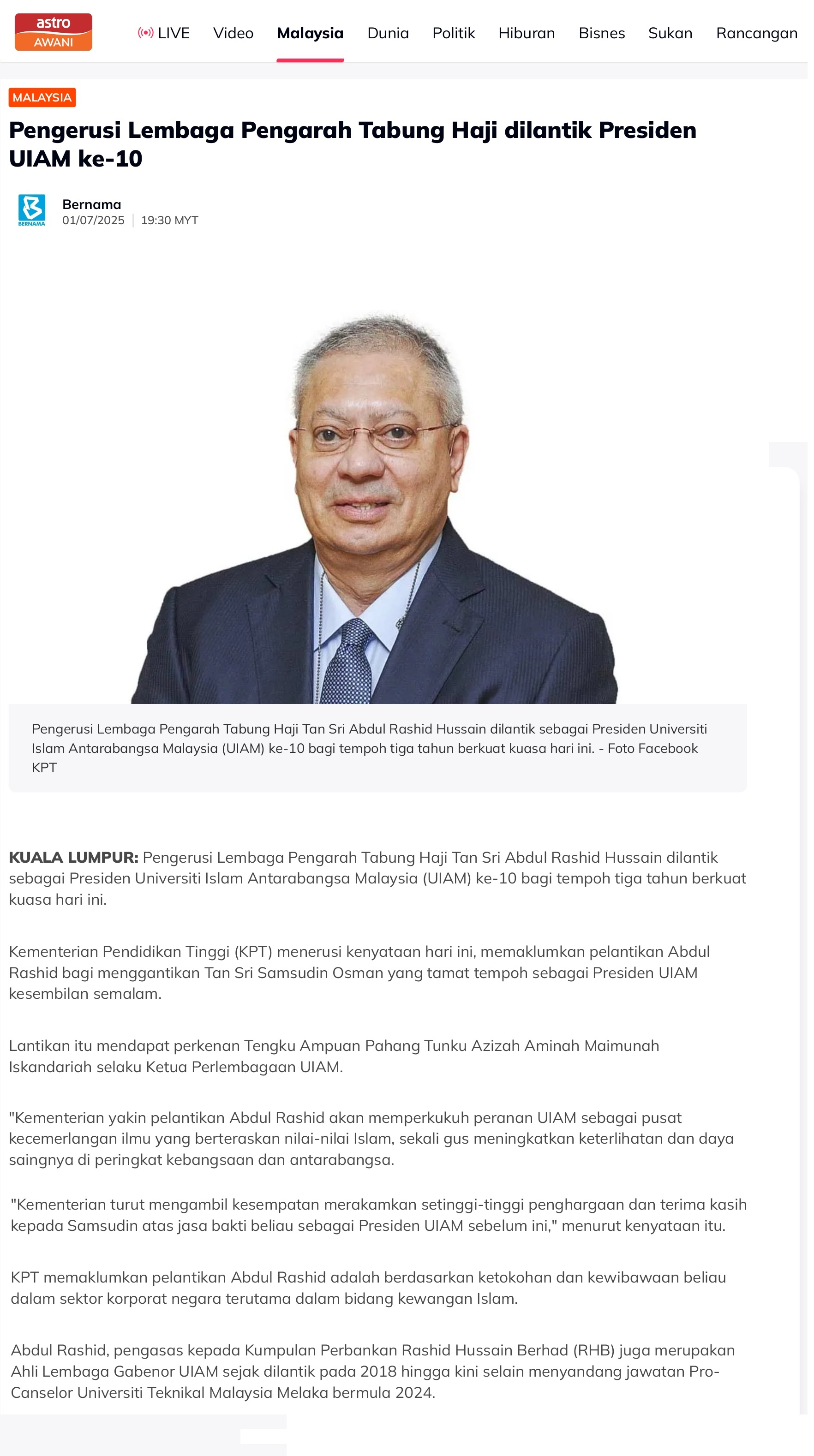 281 Pengerusi Lembaga Pengarah Tabung Haji dilantik Presiden UIAM ke-10 _ Astro Awani