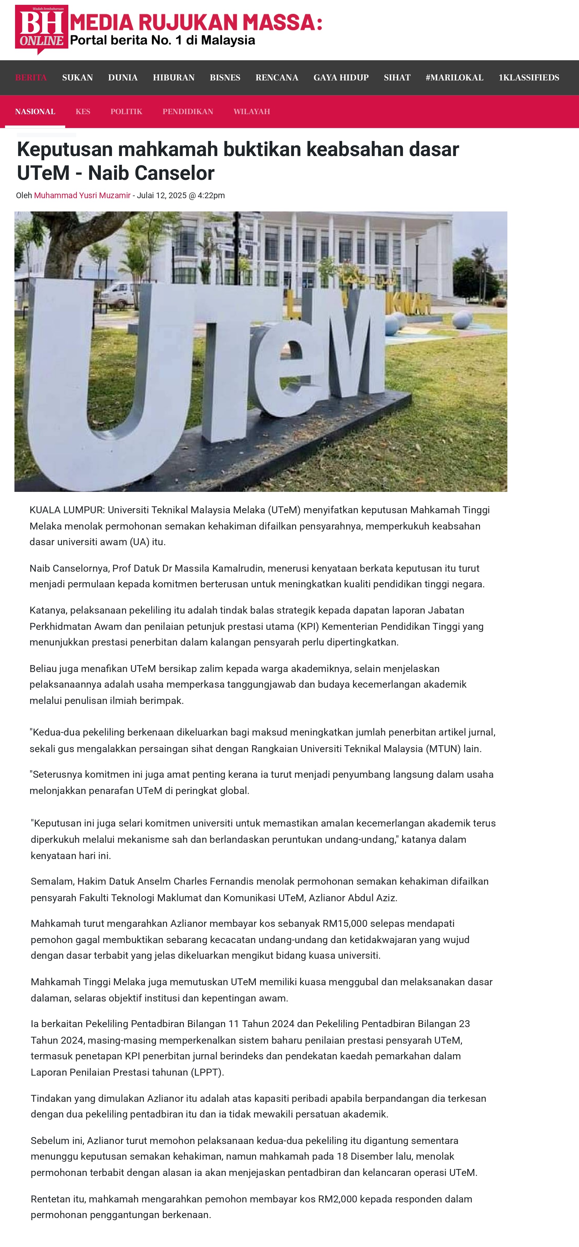 285 Keputusan mahkamah buktikan keabsahan dasar UTeM - Naib Canselor