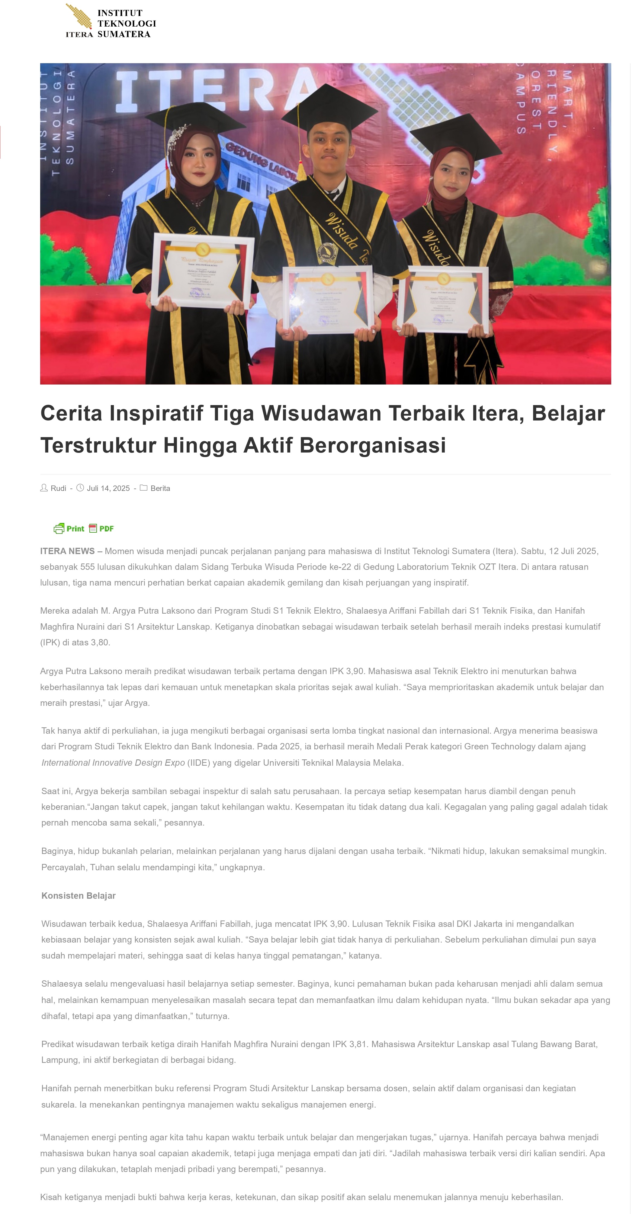 290 Cerita Inspiratif Tiga Wisudawan Terbaik Itera, Belajar Terstruktur Hingga Aktif Berorganisasi - ITERA