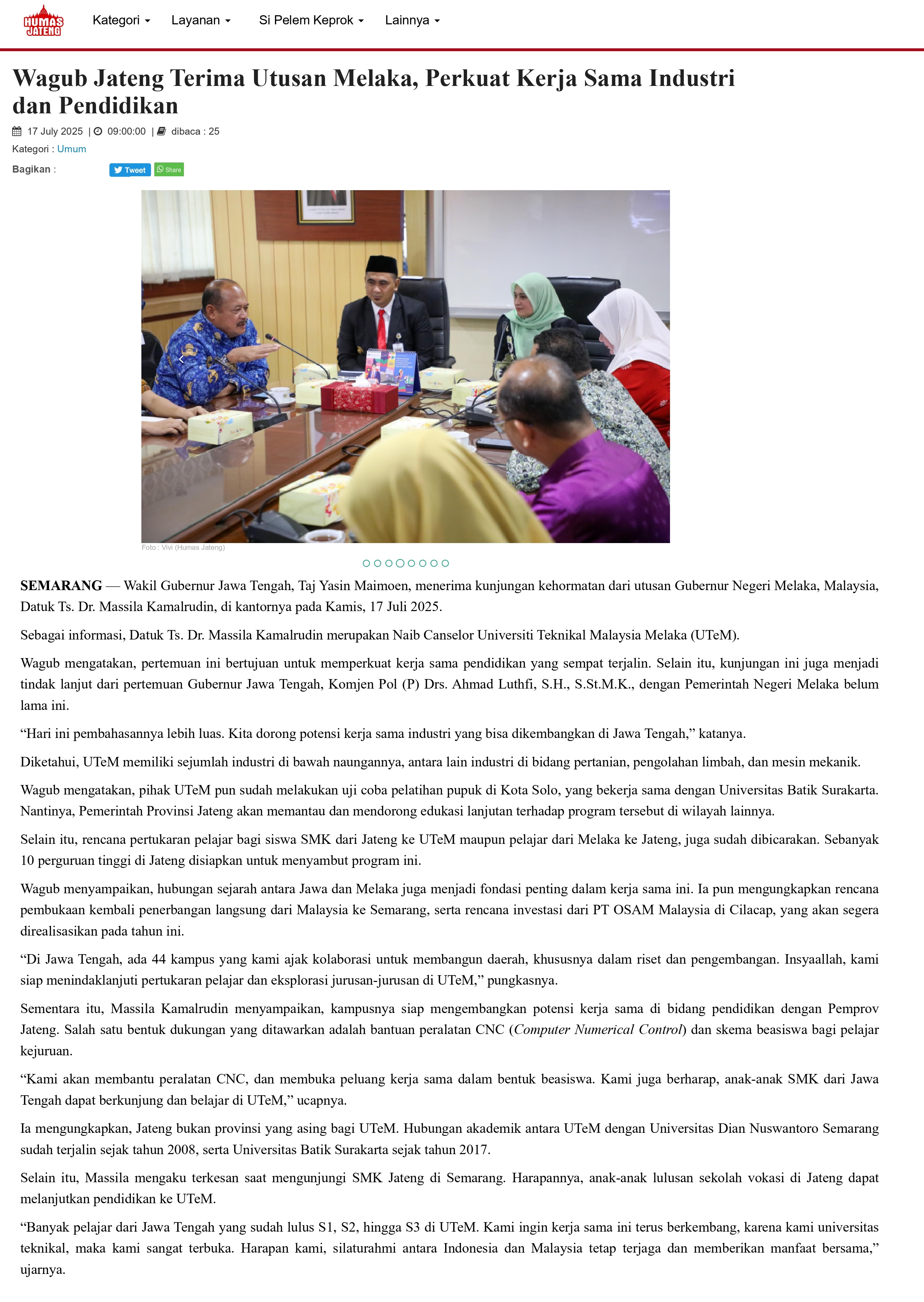 295 Wagub Jateng Terima Utusan Melaka, Perkuat Kerja Sama Industri dan Pendidikan