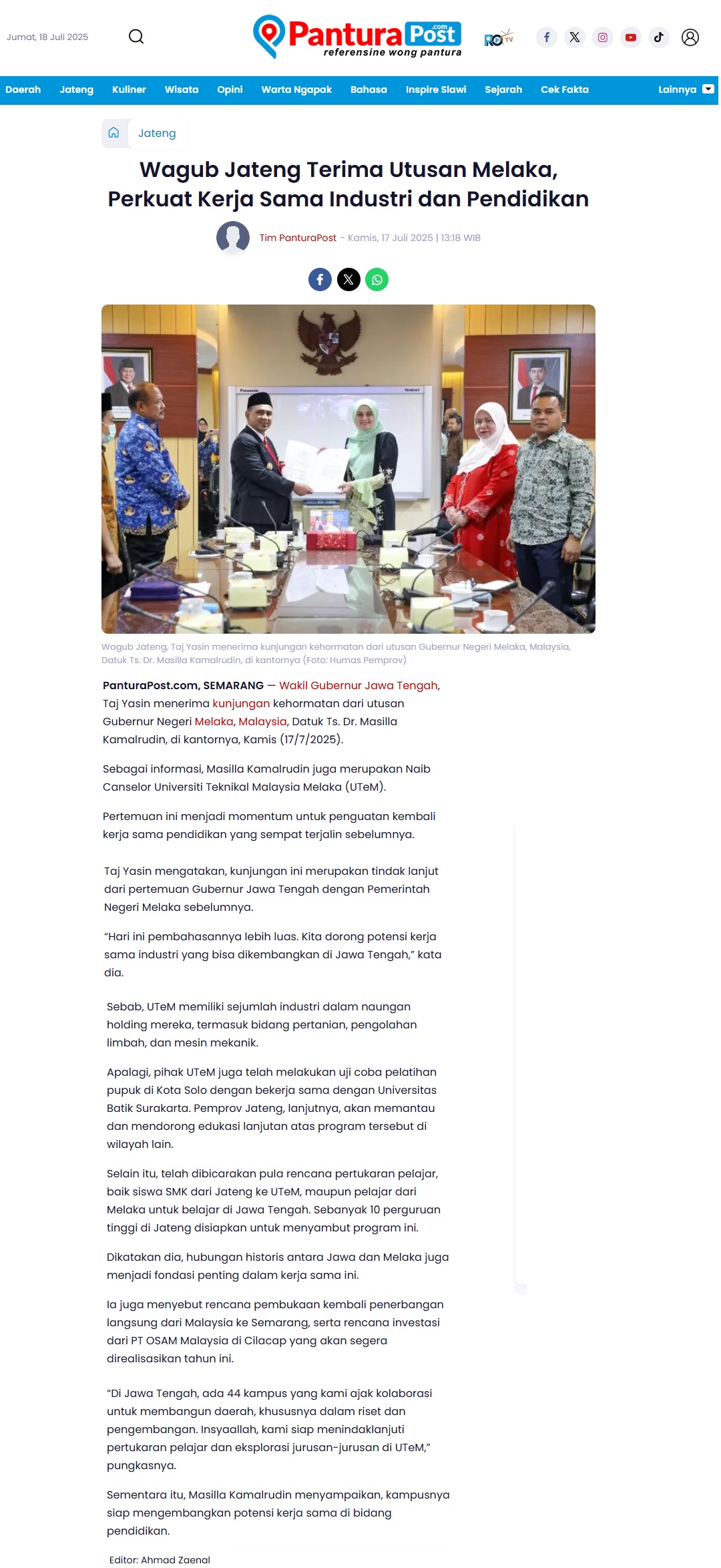 296 Wagub Jateng Terima Utusan Melaka, Perkuat Kerja Sama Industri dan Pendidikan - Pantura Post