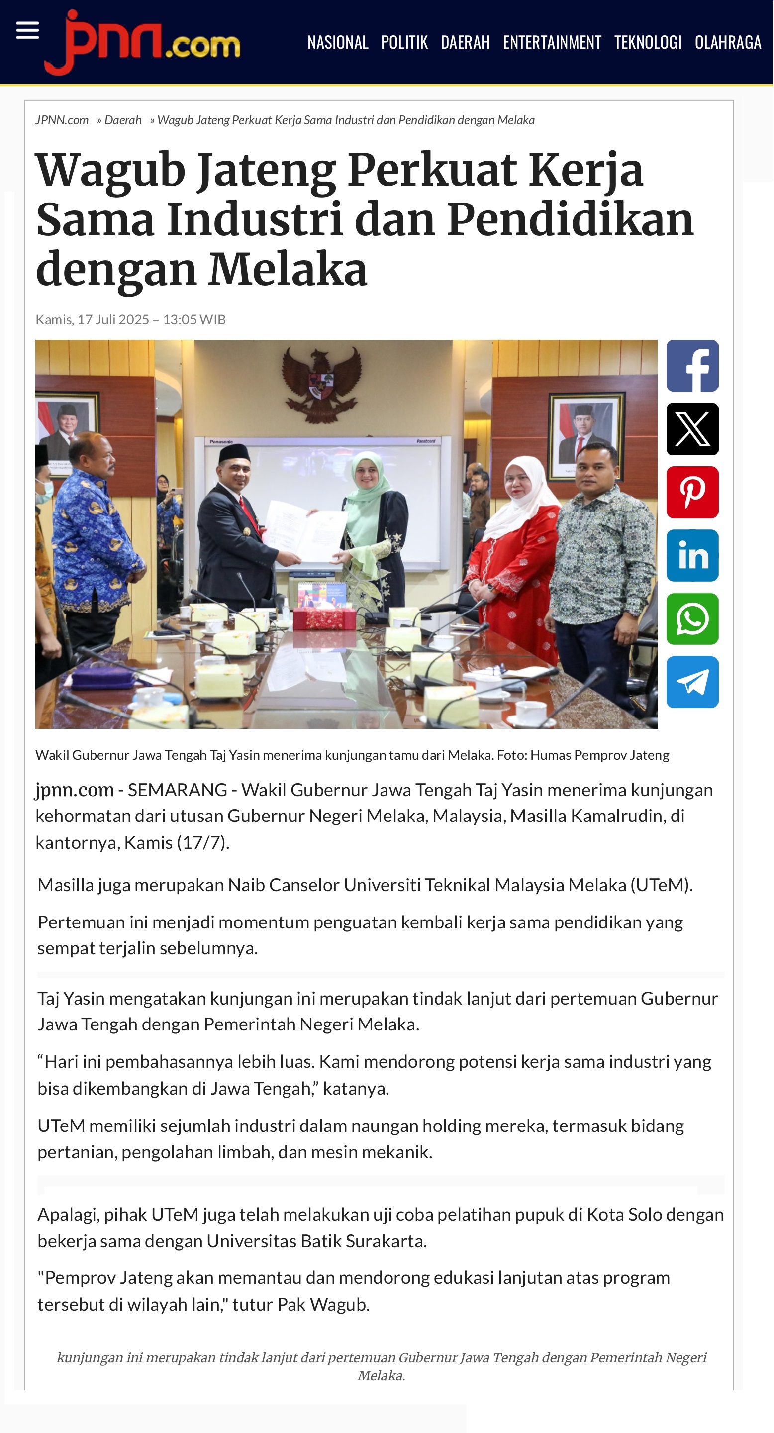 299 Wagub Jateng Perkuat Kerja Sama Industri dan Pendidikan dengan Melaka