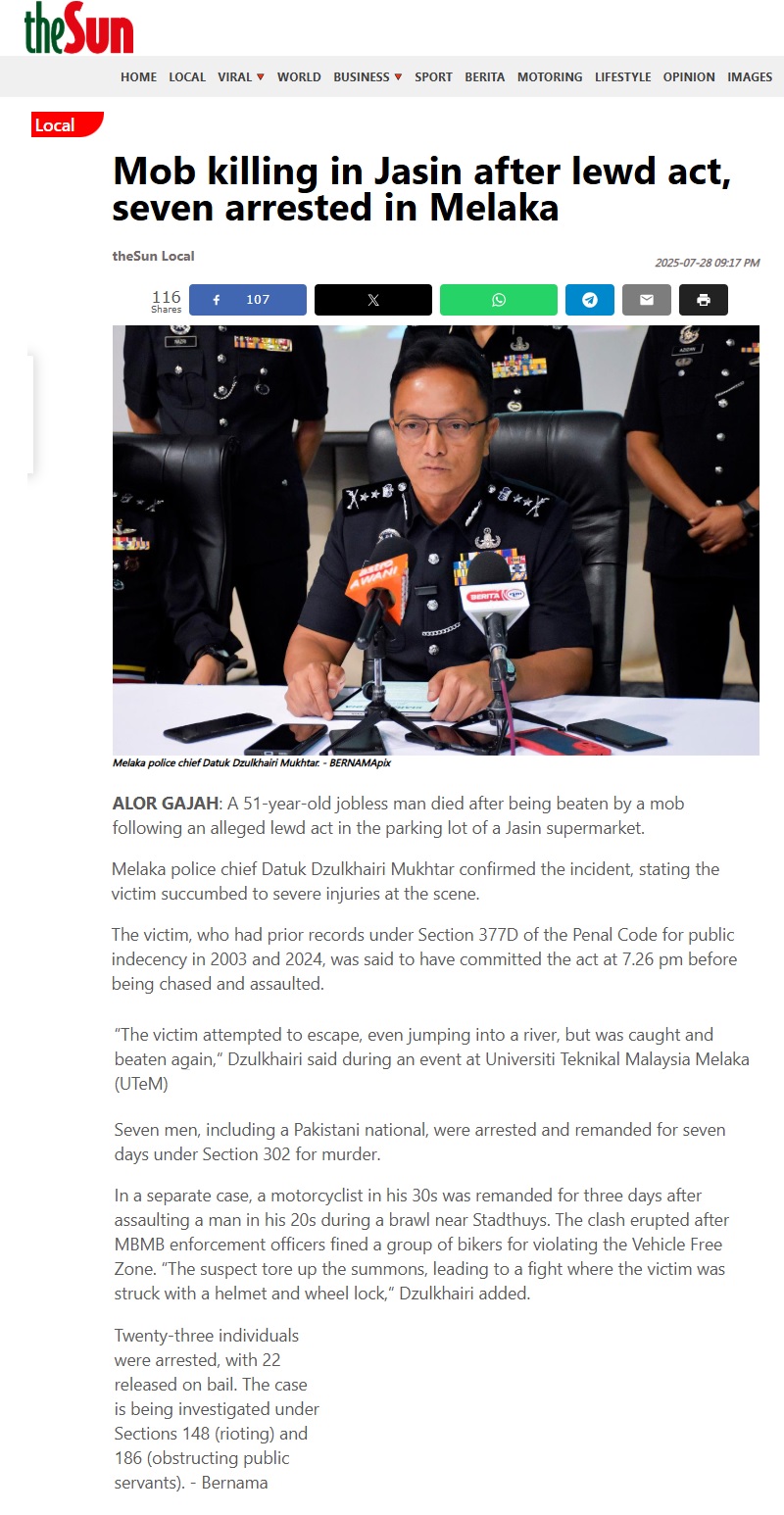 330 Mob killing in Jasin after lewd act, seven arrested in Melaka