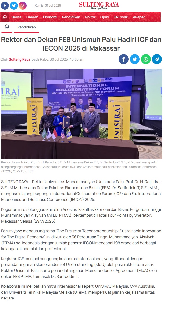347 Rektor dan Dekan FEB Unismuh Palu Hadiri ICF dan IECON 2025 di Makassar - Sulteng Raya