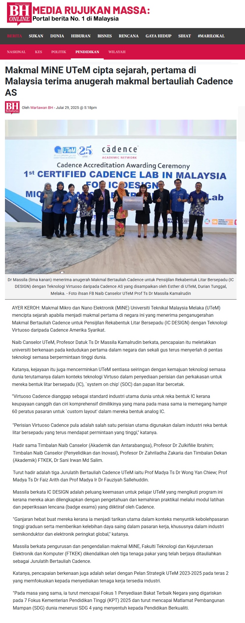 349 Makmal MiNE UTeM cipta sejarah, pertama di Malaysia terima anugerah makmal bertauliah Cadence AS