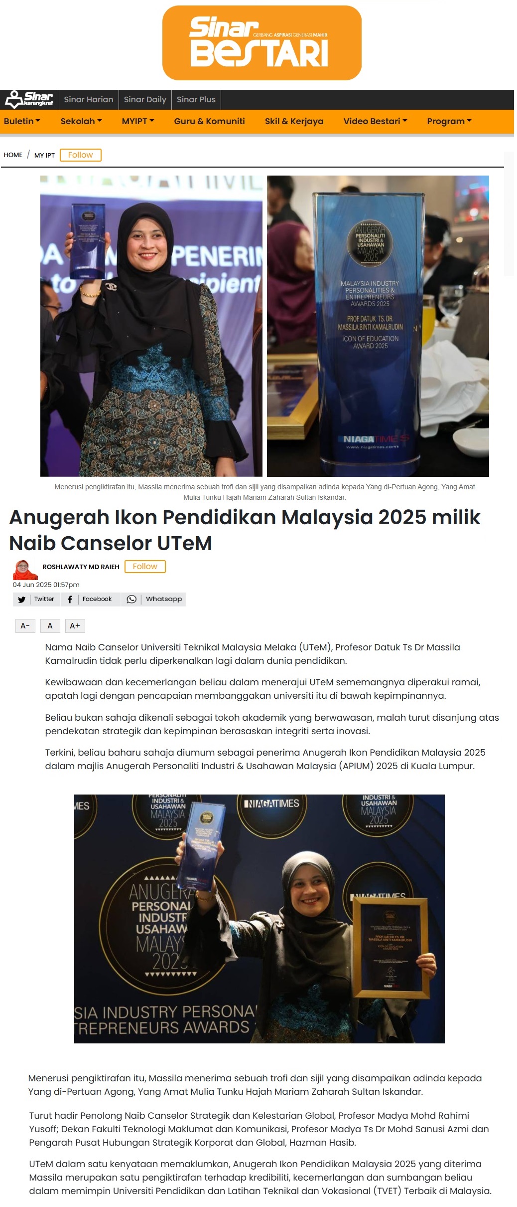 218 Anugerah Ikon Pendidikan Malaysia 2025 milik Naib Canselor UTeM - Sinar Bestari