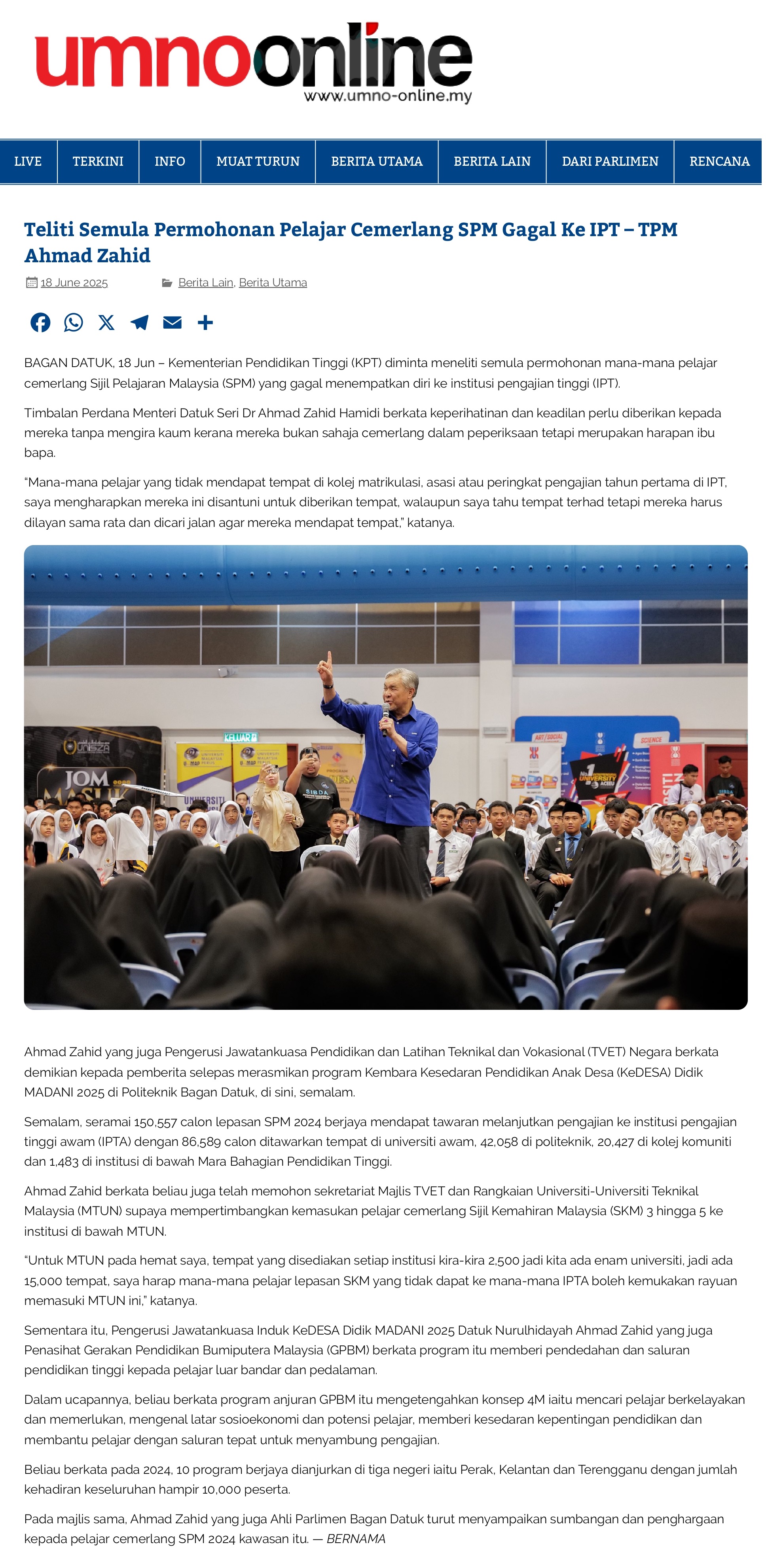 240 Teliti Semula Permohonan Pelajar Cemerlang SPM Gagal Ke IPT – TPM Ahmad Zahid