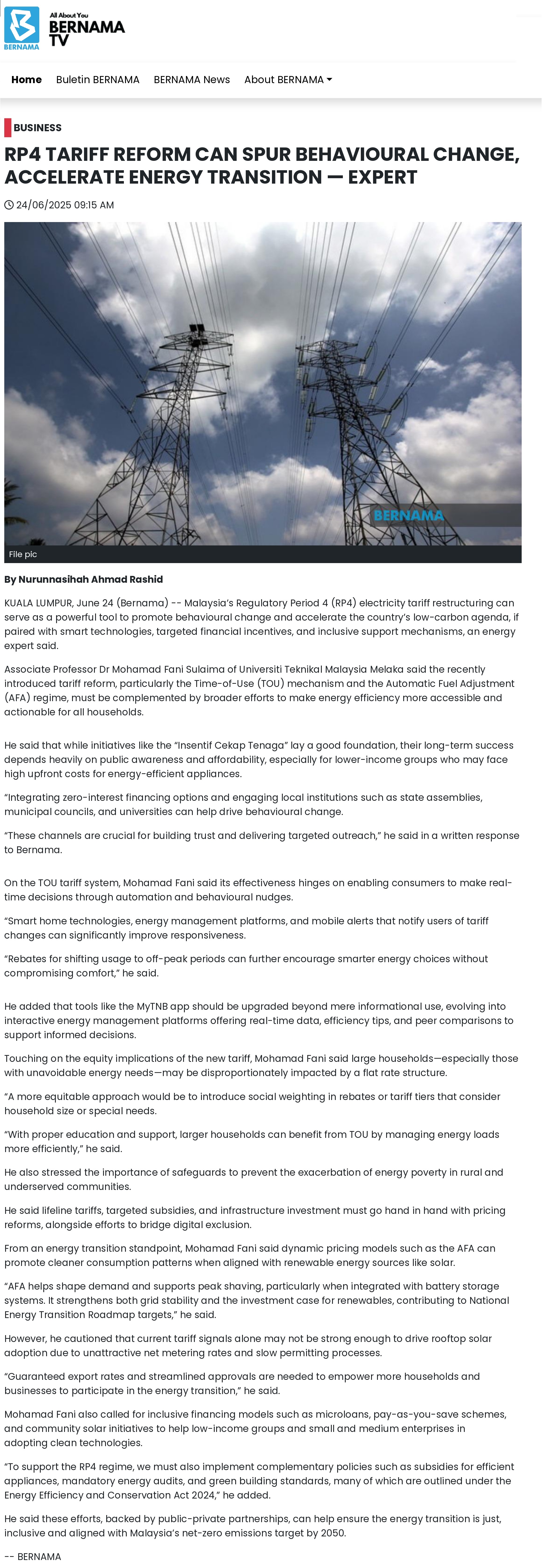 258 BERNAMA - RP4 TARIFF REFORM CAN SPUR BEHAVIOURAL CHANGE, ACCELERATE ENERGY TRANSITION — EXPERT_page-0001