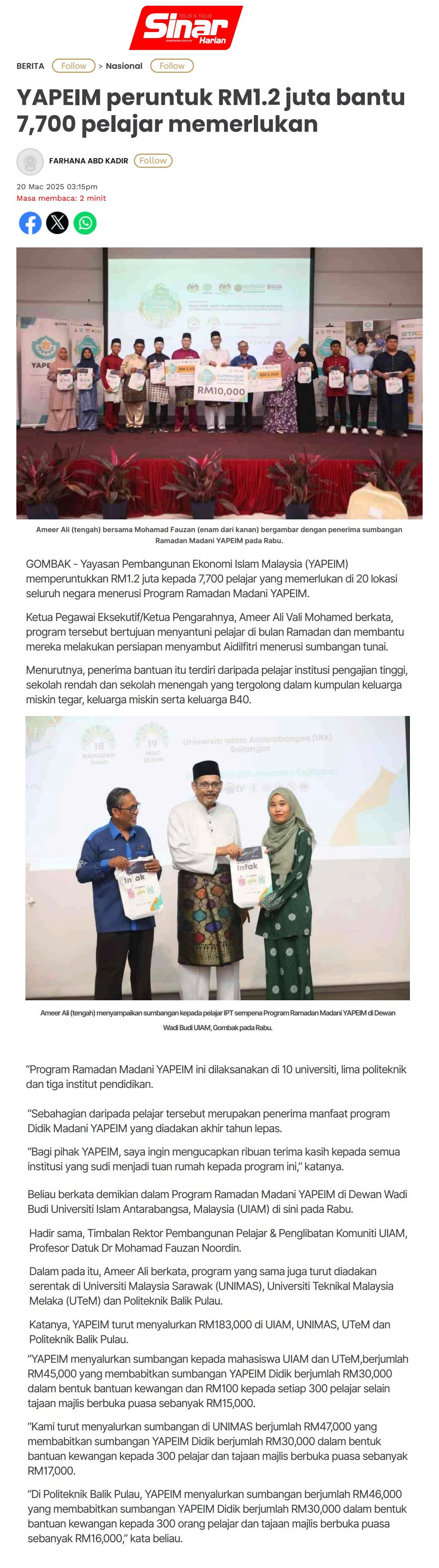 109 YAPEIM peruntuk RM1.2 juta bantu 7,700 pelajar memerlukan 