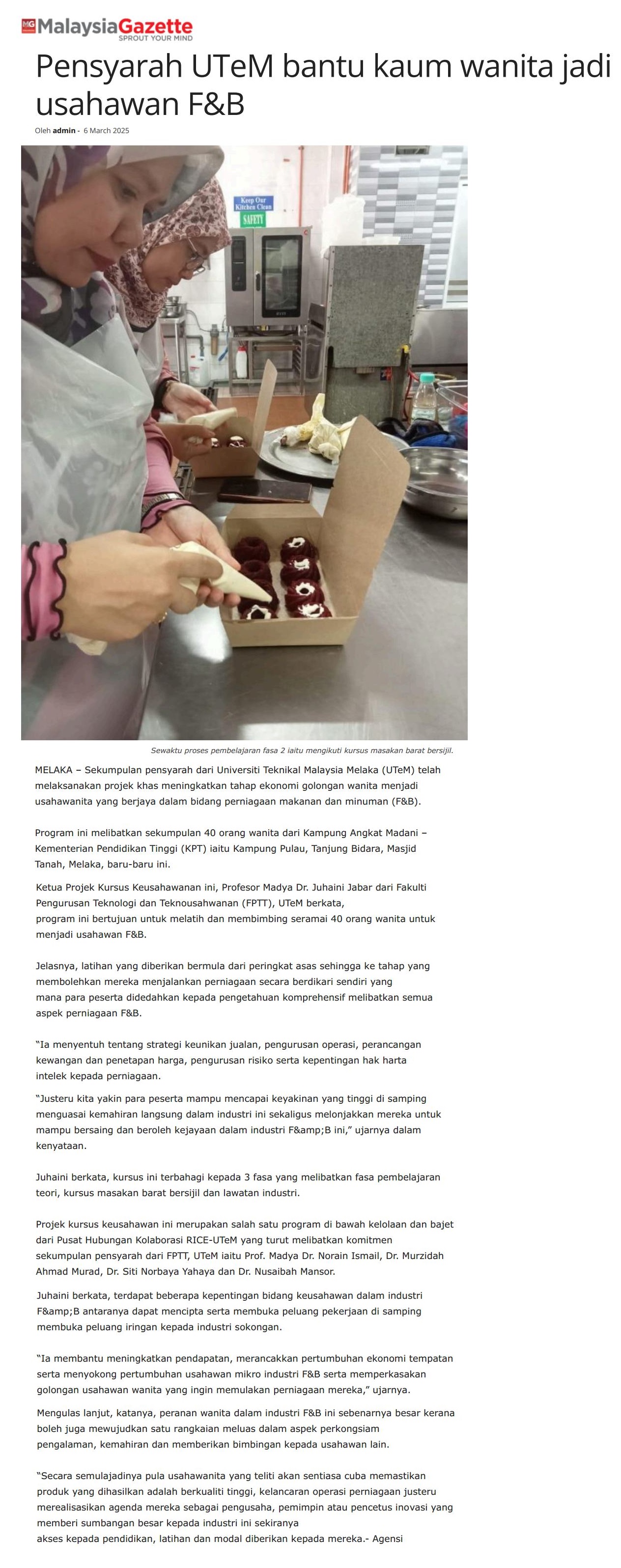86 Pensyarah UTeM bantu kaum wanita jadi usahawan F&B 
