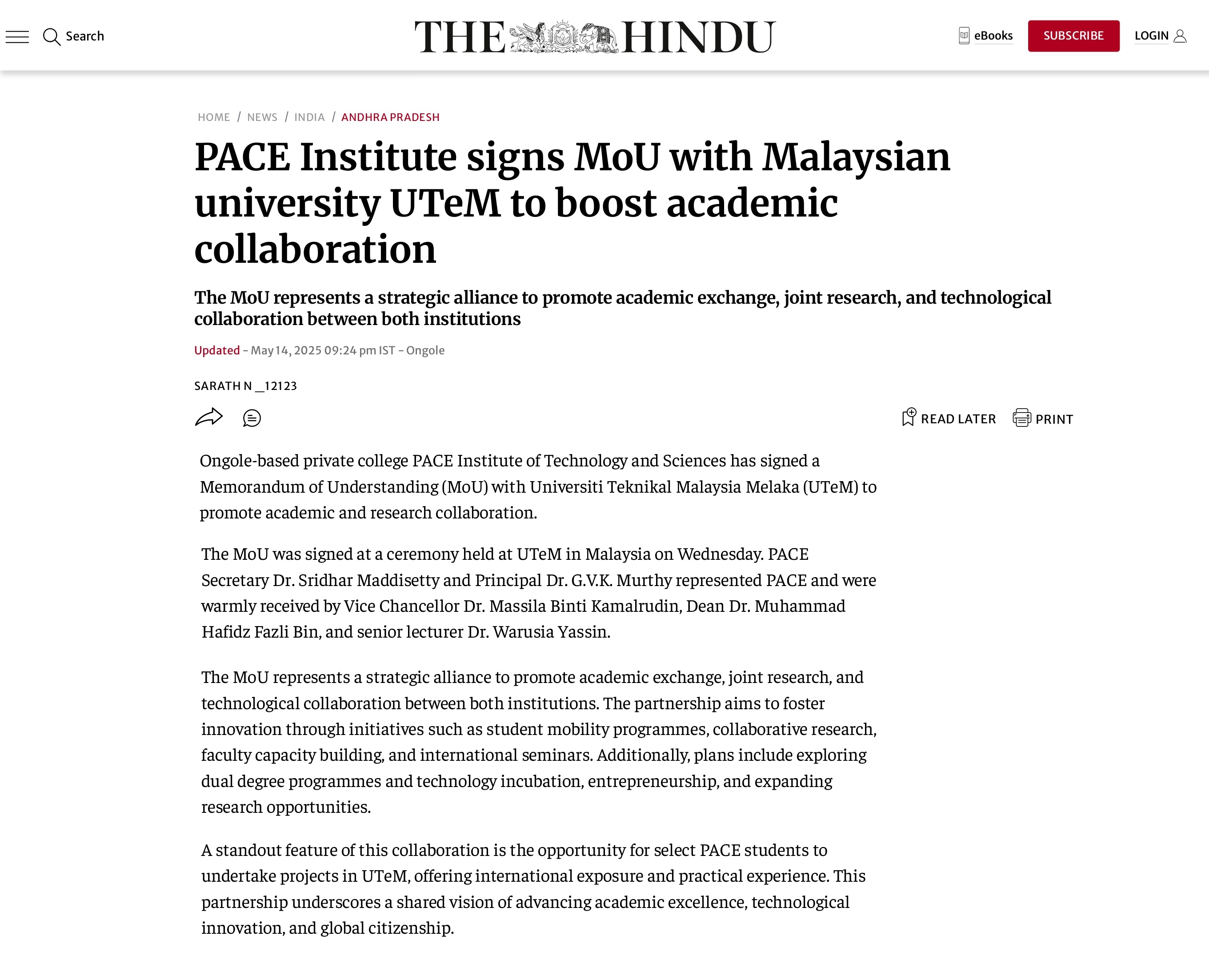 171 PACE Institute signs MoU with Malaysian university UTeM to boost academic collaboration - The Hindu