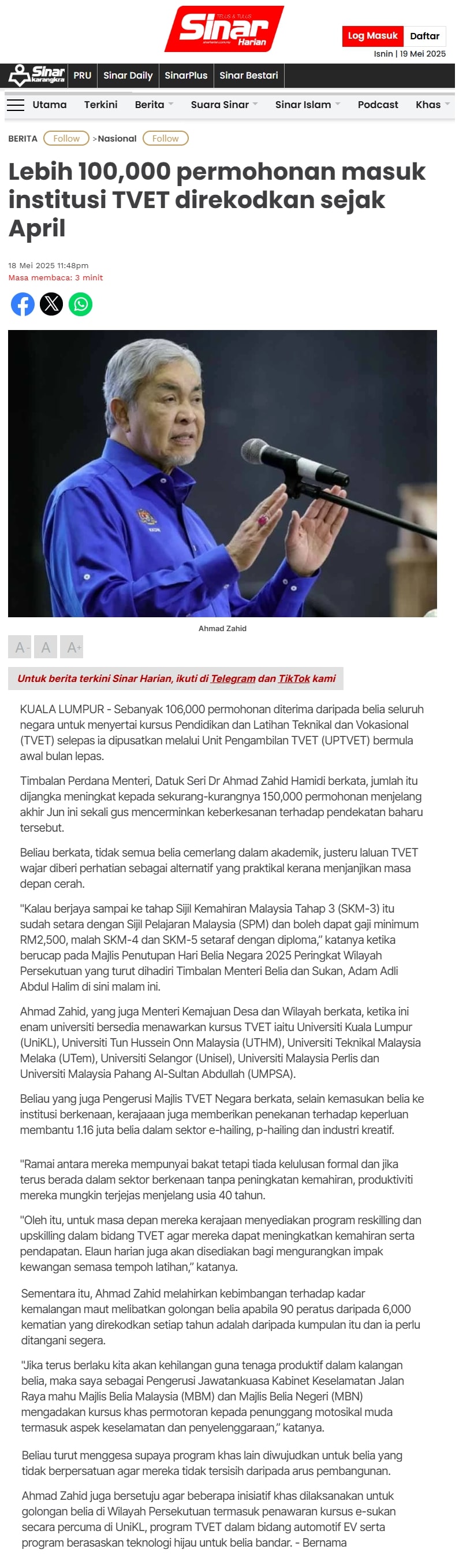 180 Lebih 100,000 permohonan masuk institusi TVET direkodkan sejak April - SINAR