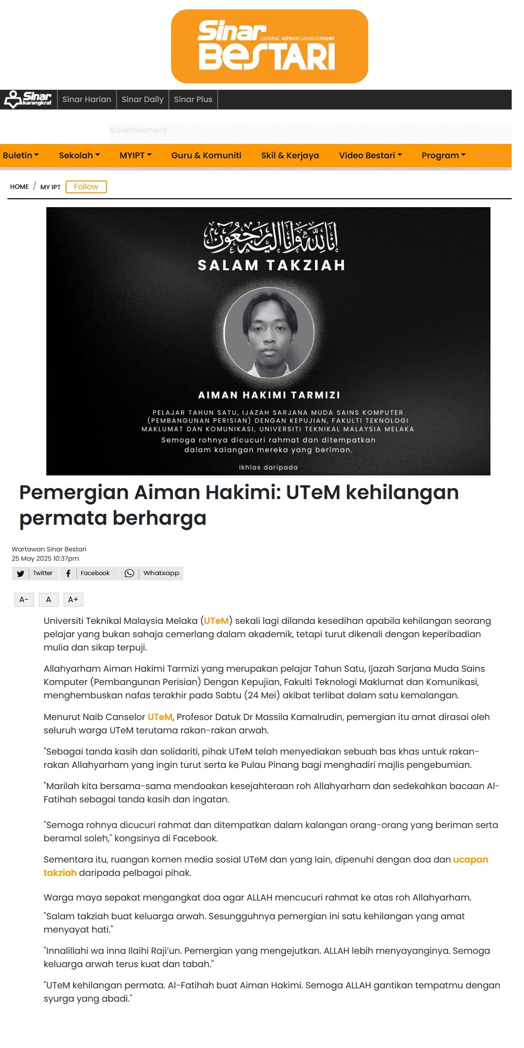 196 Pemergian Aiman Hakimi_ UTeM kehilangan permata berharga - Sinar Bestari