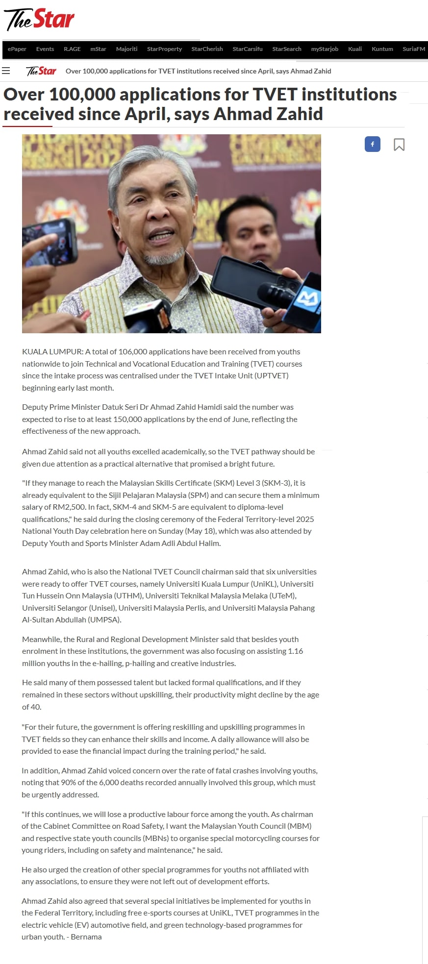 198 Over 100,000 applications for TVET institutions received since April, says Ahmad Zahid _ The Star