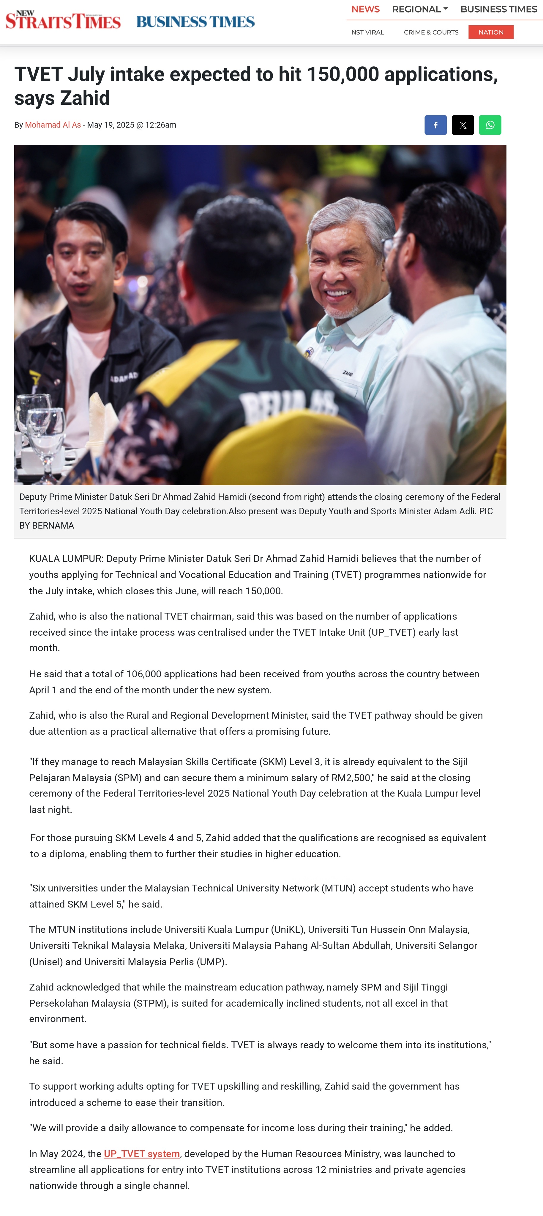 222 TVET July intake expected to hit 150,000 applications, says Zahid