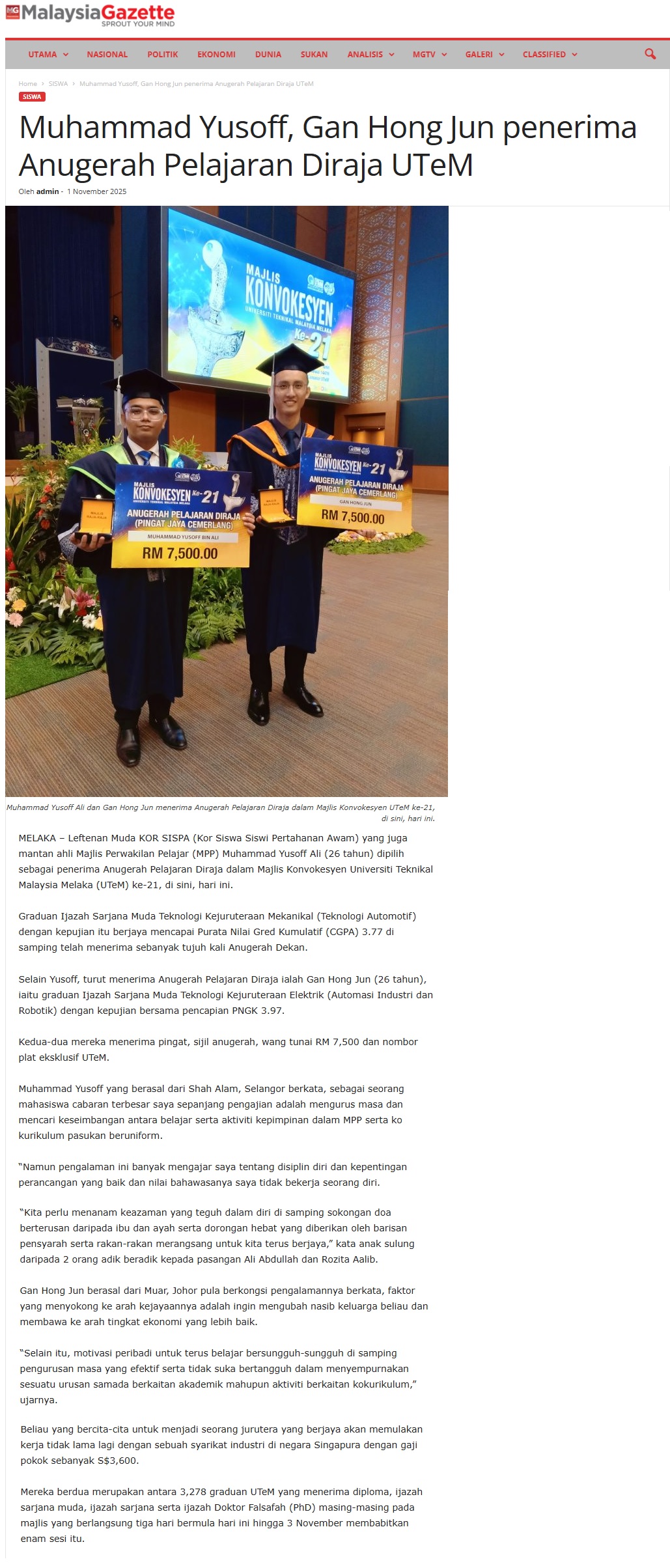576 Muhammad Yusoff, Gan Hong Jun penerima Anugerah Pelajaran Diraja UTeM