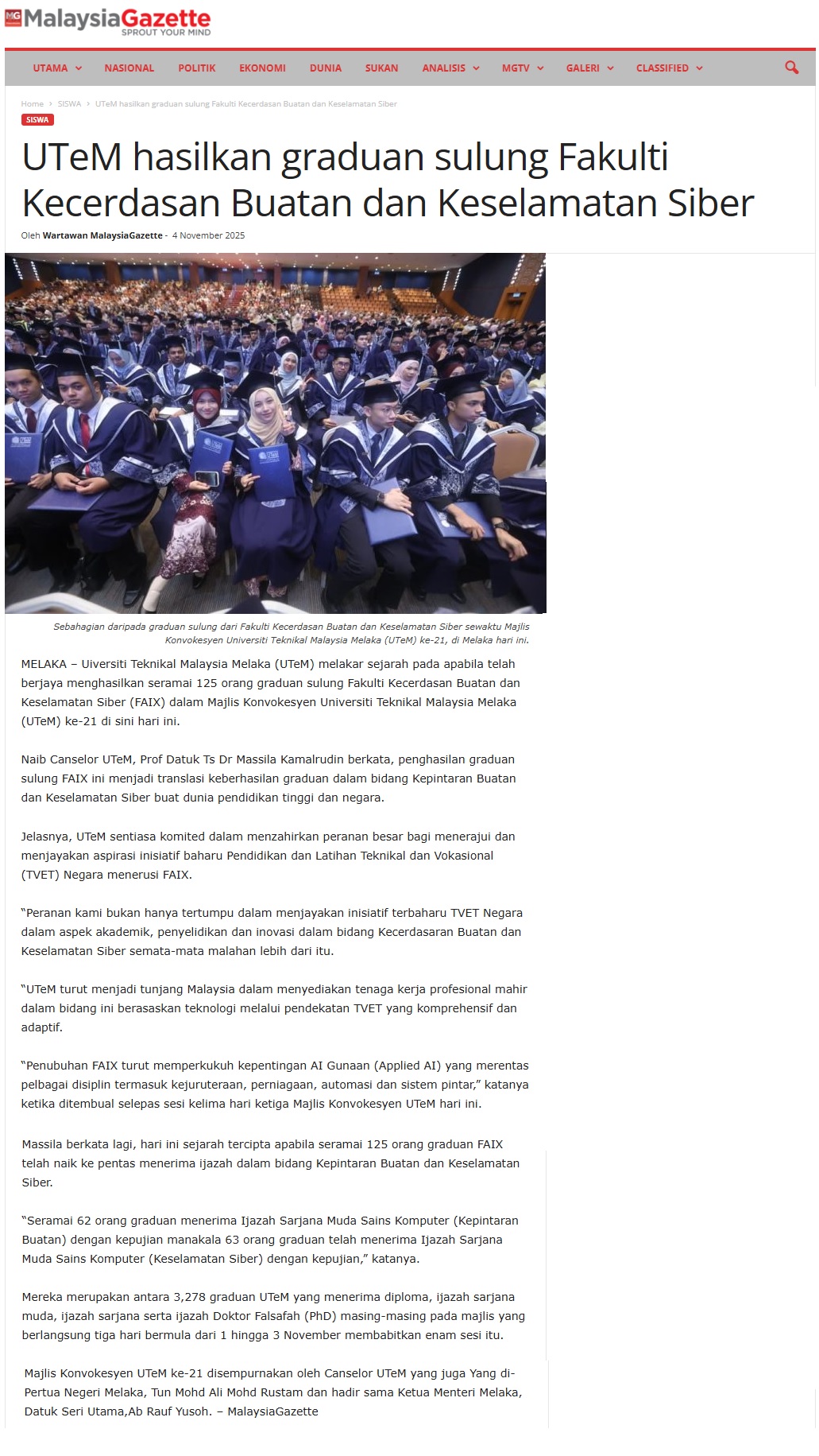 579 UTeM hasilkan graduan sulung Fakulti Kecerdasan Buatan dan Keselamatan Siber