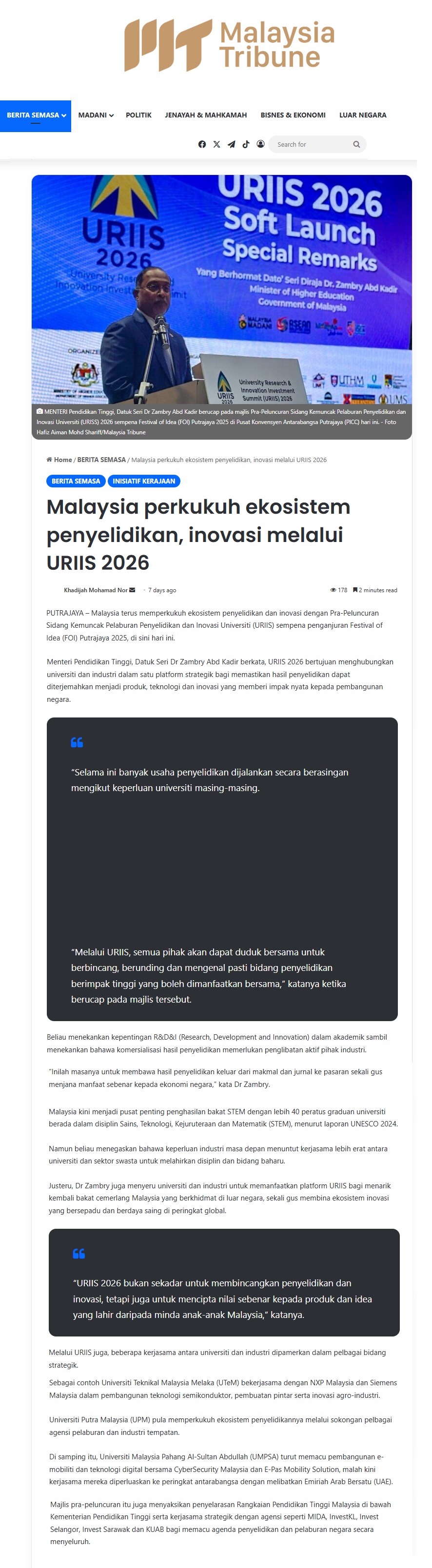 594 Malaysia perkukuh ekosistem penyelidikan, inovasi melalui URIIS 2026 _ Malaysia Tribune