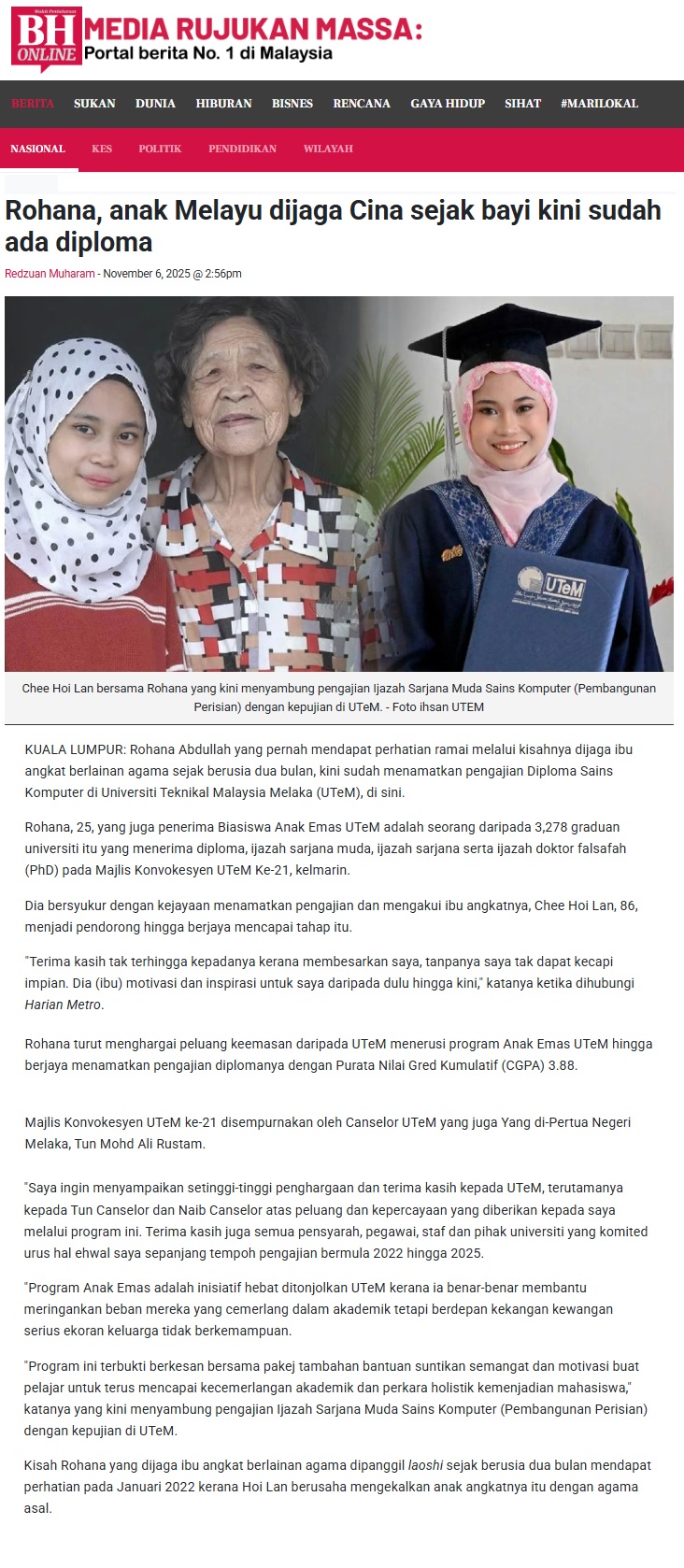 596 Rohana, anak Melayu dijaga Cina sejak bayi kini sudah ada diploma