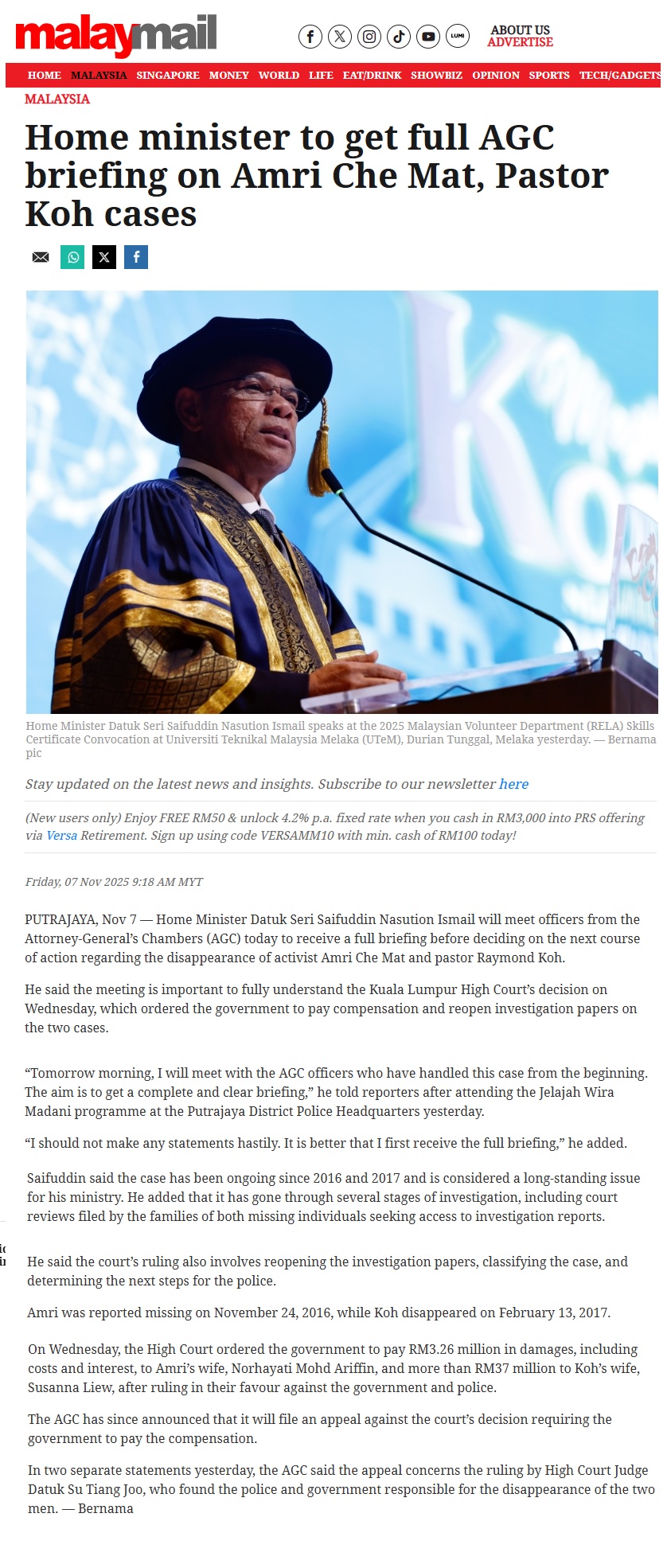 597 Home minister to get full AGC briefing on Amri Che Mat, Pastor Koh cases _ Malay Mail